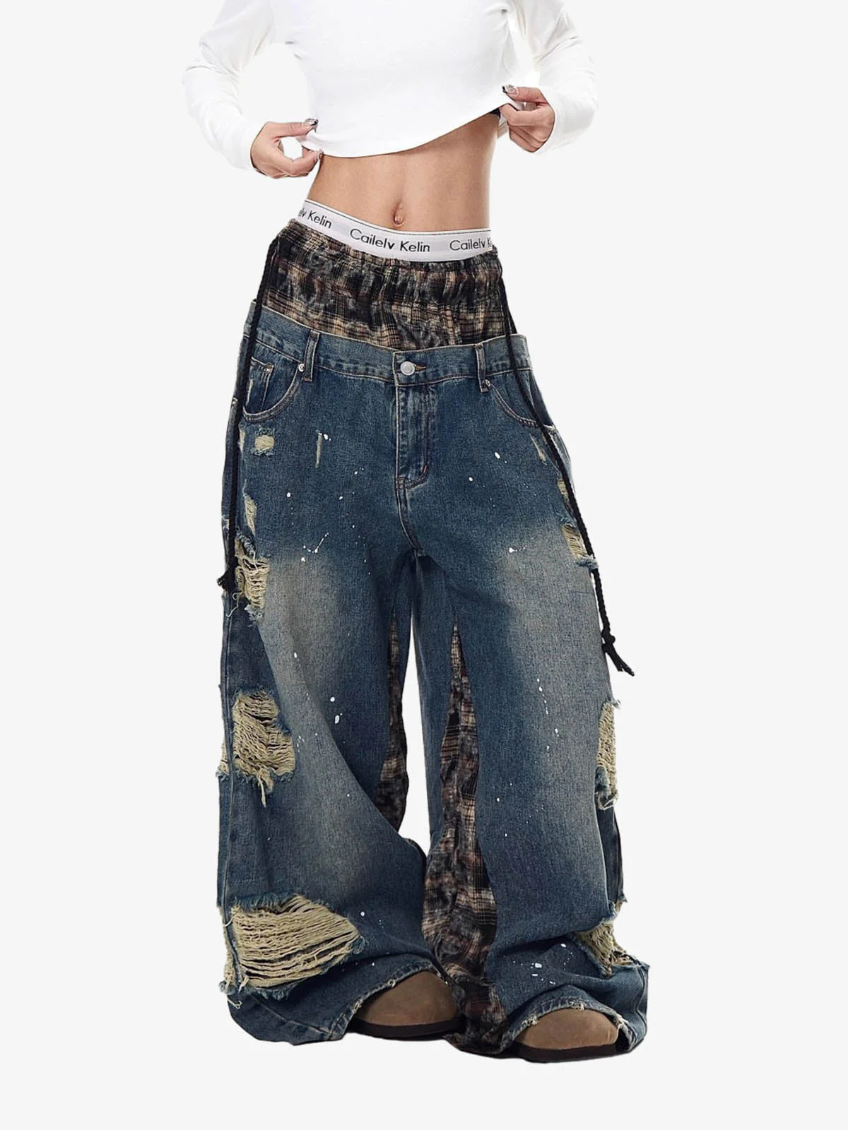 Distressed Plaid Layered Drawstring Wide Leg Jeans - Image 3