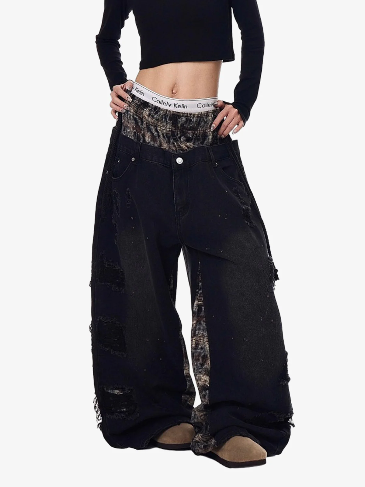 Distressed Plaid Layered Drawstring Wide Leg Jeans - Image 4
