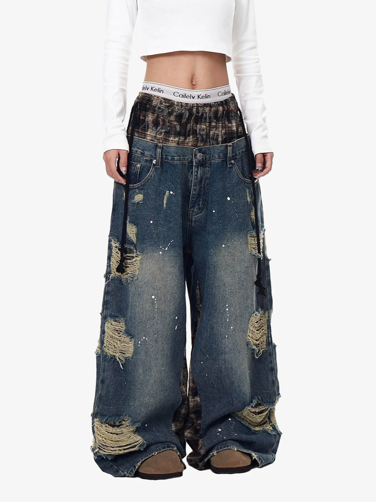 Distressed Plaid Layered Drawstring Wide Leg Jeans - Image 5