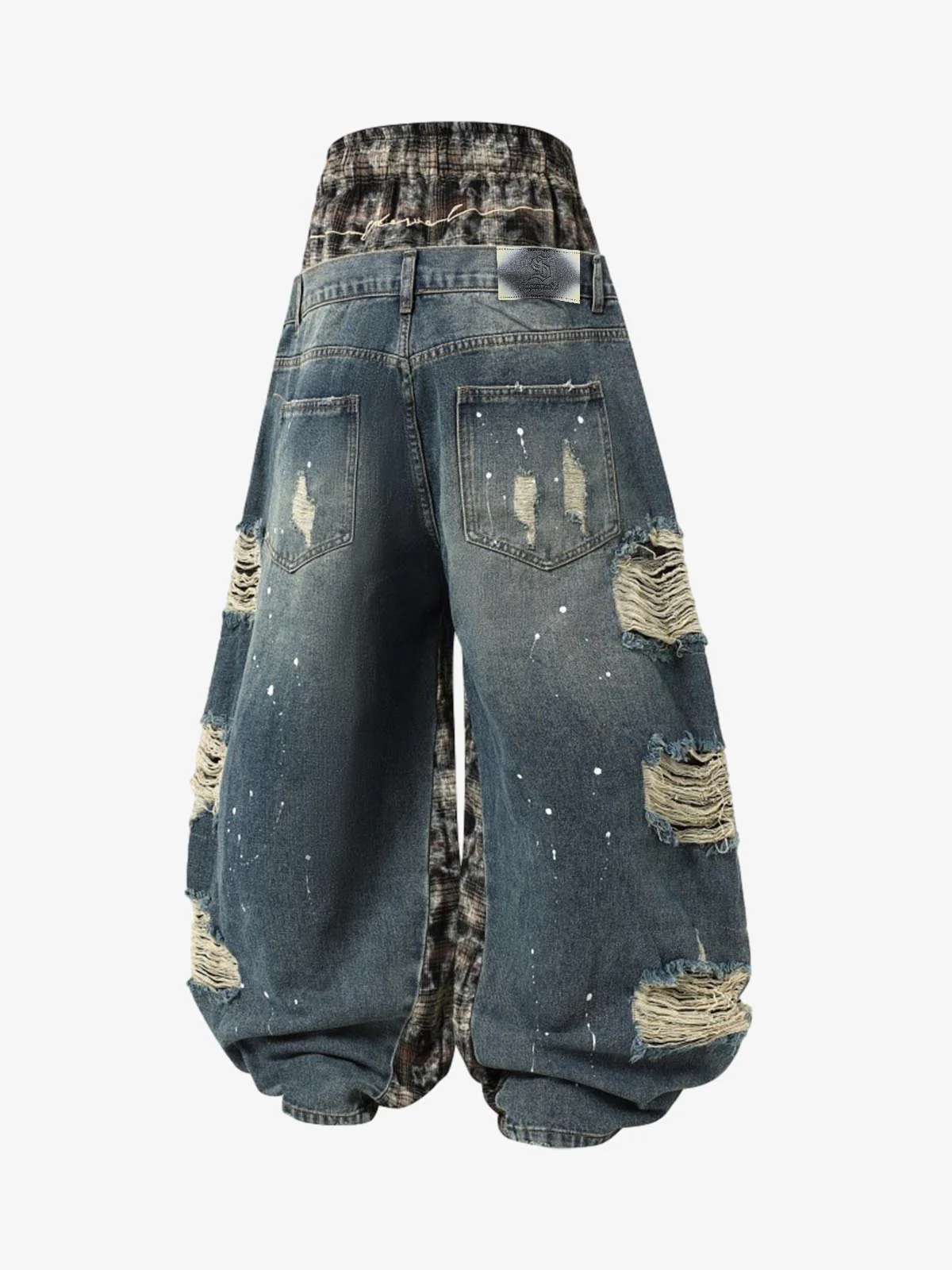 Distressed Plaid Layered Drawstring Wide Leg Jeans - Image 6