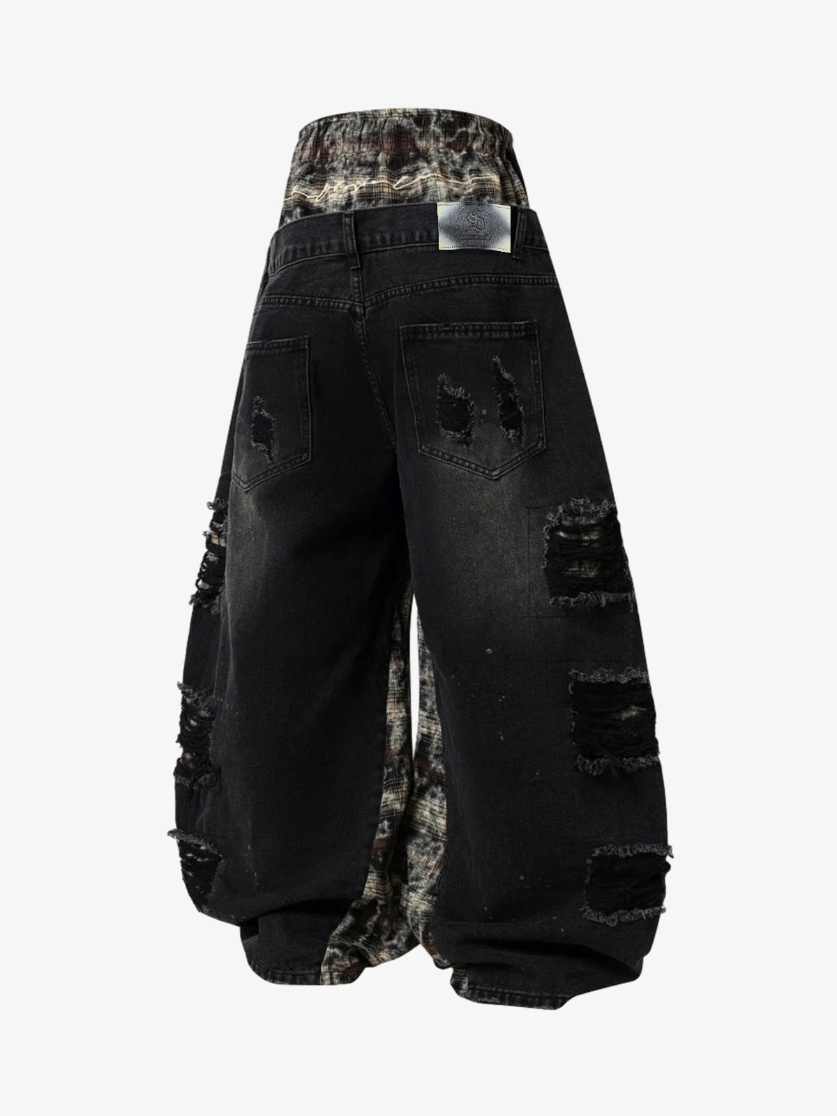 Distressed Plaid Layered Drawstring Wide Leg Jeans - Image 7