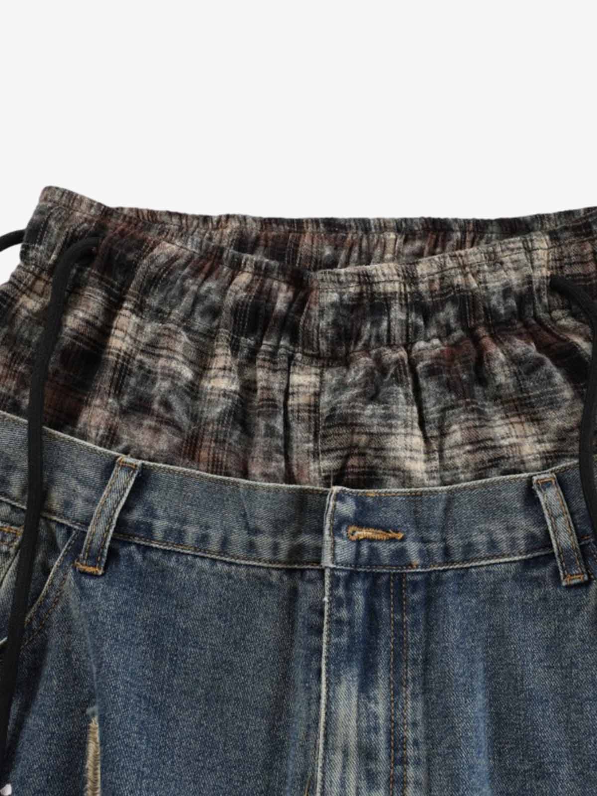 Distressed Plaid Layered Drawstring Wide Leg Jeans - Image 8