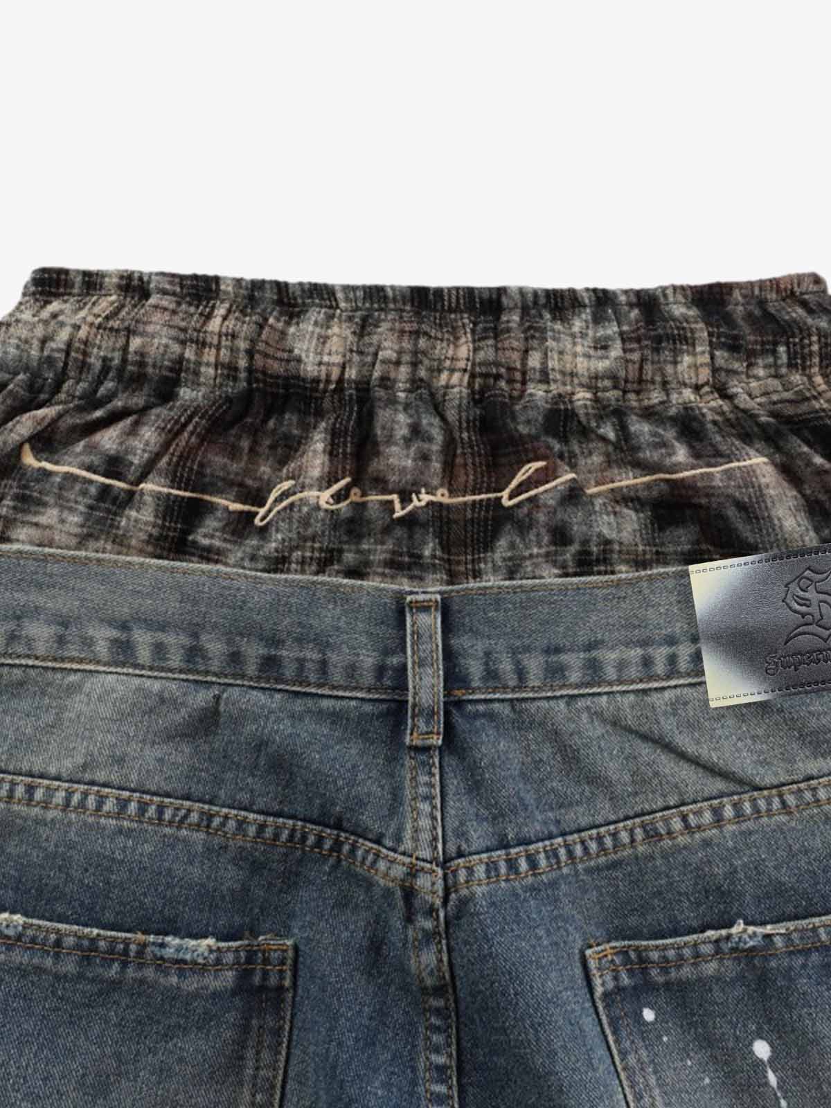 Distressed Plaid Layered Drawstring Wide Leg Jeans - Image 9