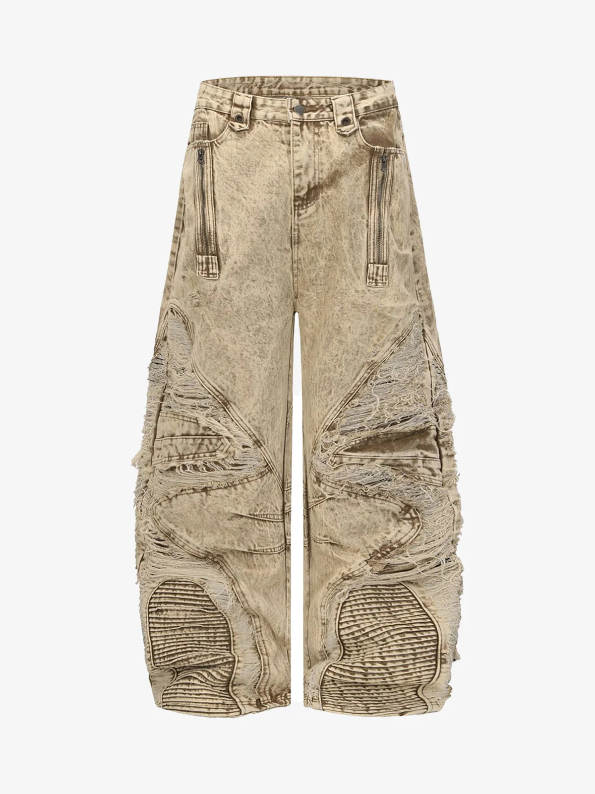 Distressed Raw-Edge Panel Sculpted Wide-Leg Jeans