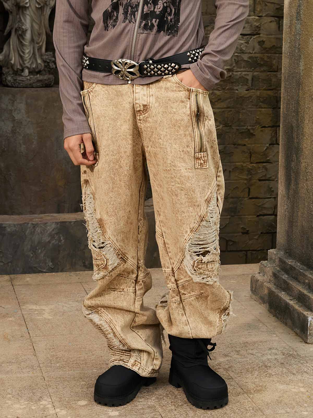 Distressed Raw-Edge Panel Sculpted Wide-Leg Jeans - Image 10