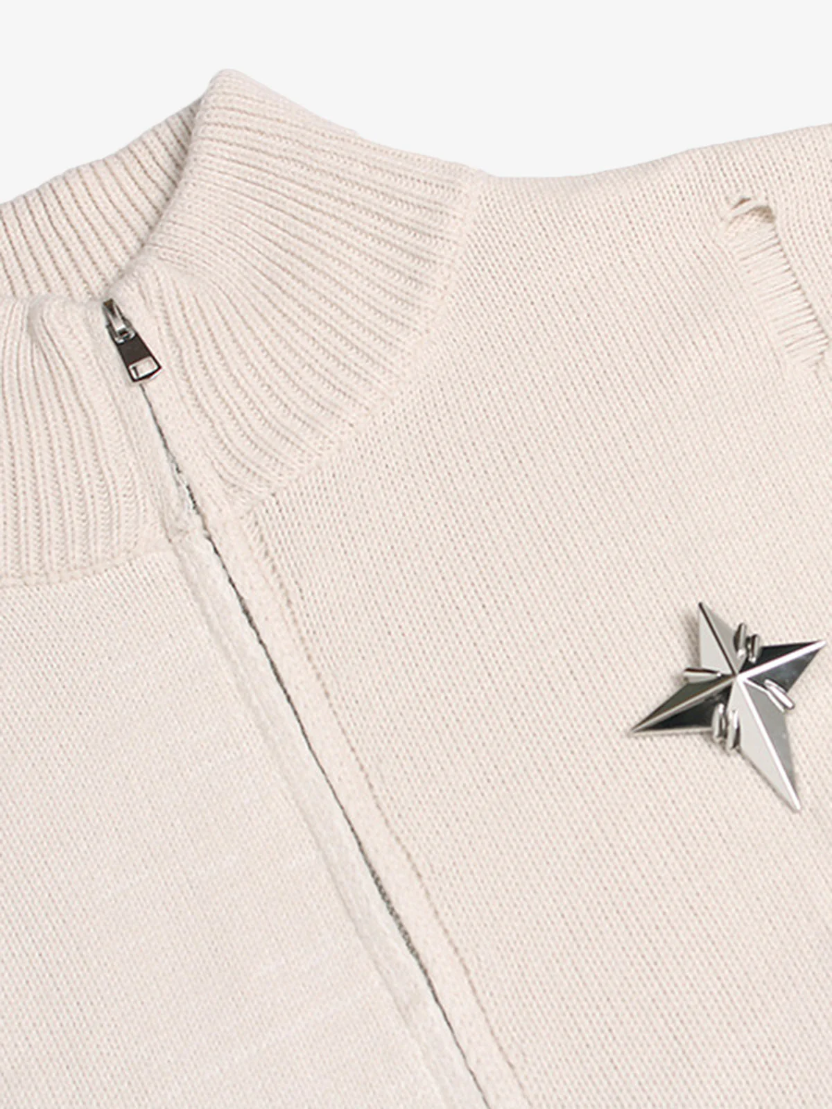 Distressed Ripped-Edge Turtleneck Diamond Star Zipper Knitted Sweater - Image 11