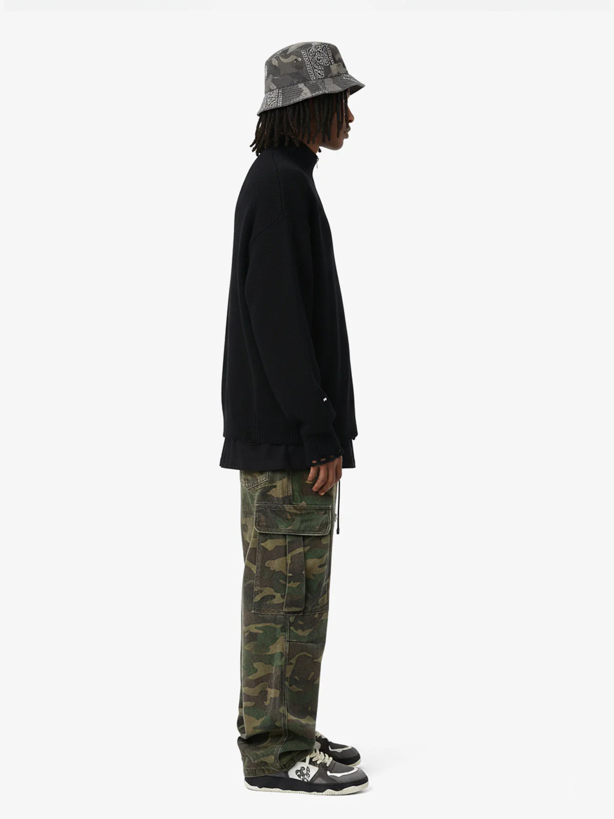 Distressed Ripped-Edge Turtleneck Diamond Star Zipper Knitted Sweater - Image 5