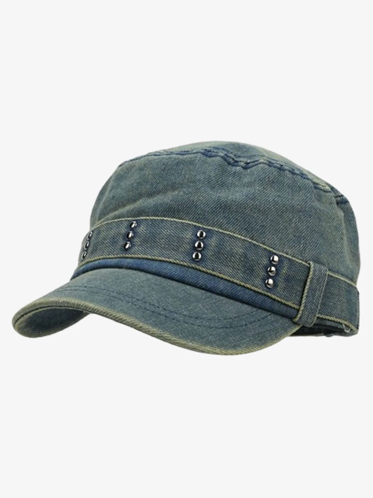 Distressed Stud Detail Cotton Flat Top Cap - Image 5