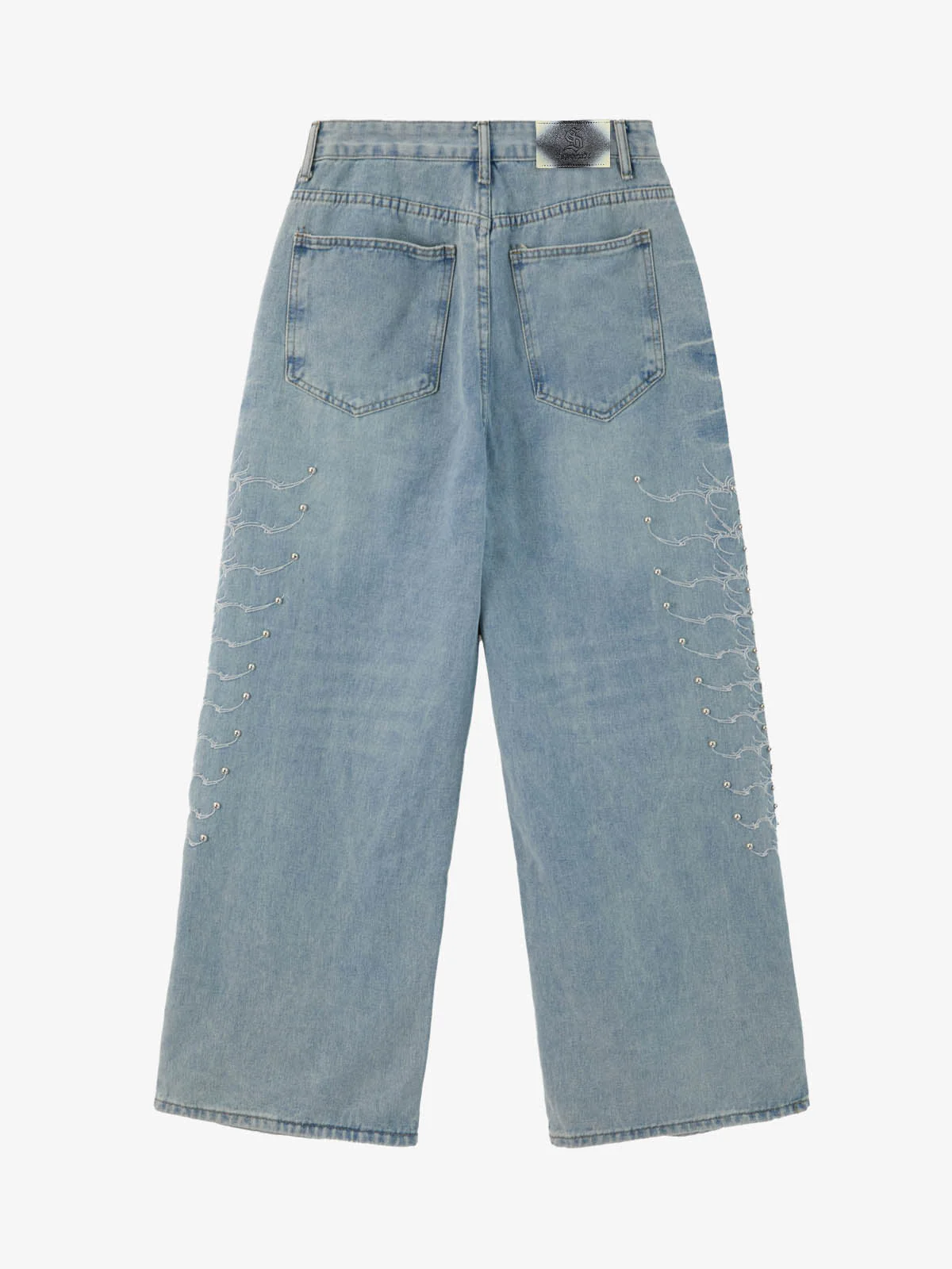 Distressed Studded Embroidery Washed Wide Leg Jeans - Image 2