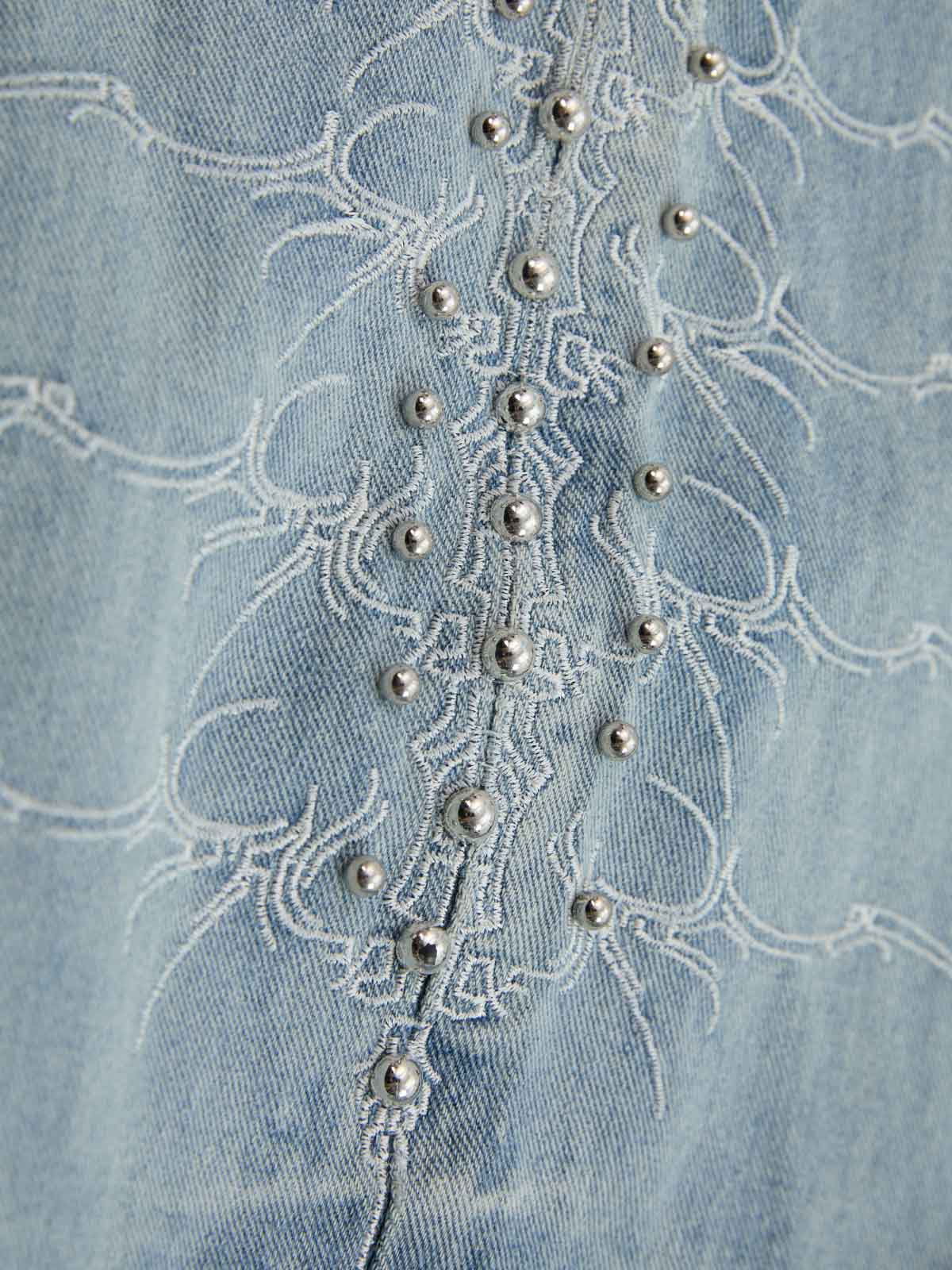 Distressed Studded Embroidery Washed Wide Leg Jeans - Image 5