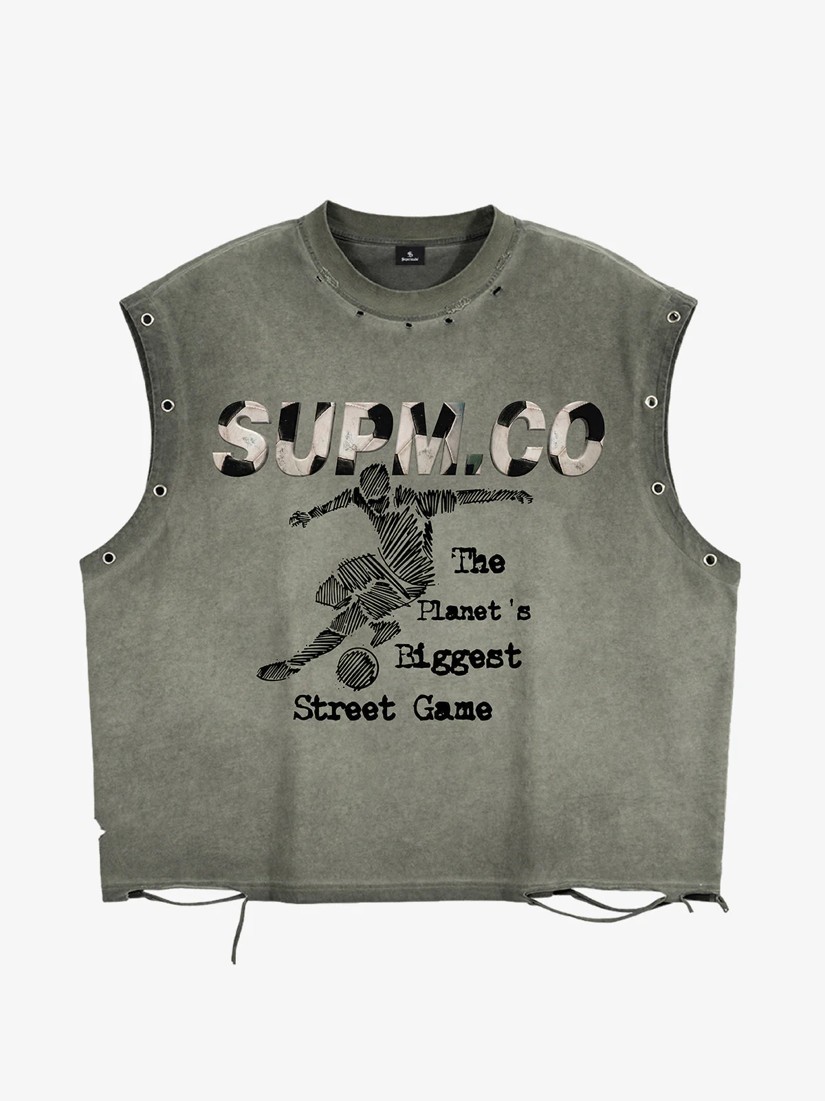 Distressed "SUPM.CO" Soccer Graphic Sleeveless T-Shirt