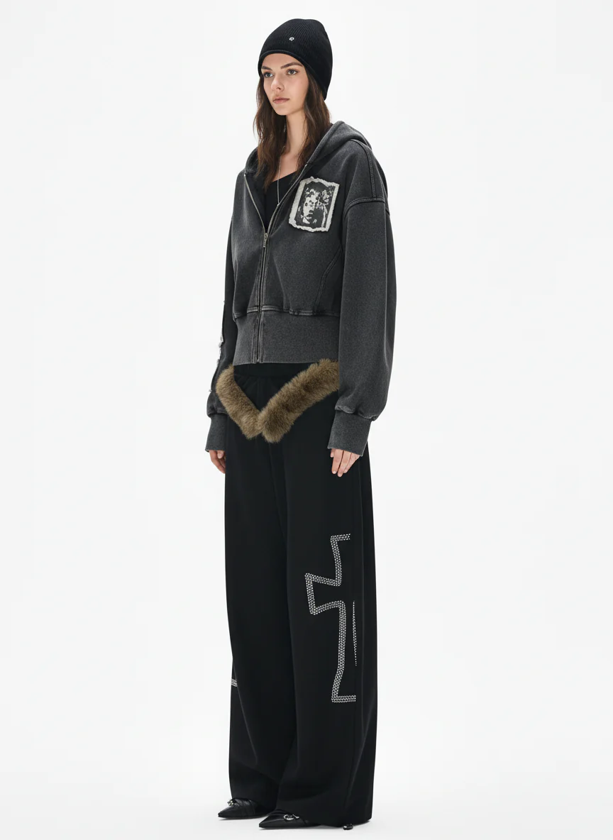 Distressed Washed Embroidered Zip-Up Hooded Jacket - Image 4