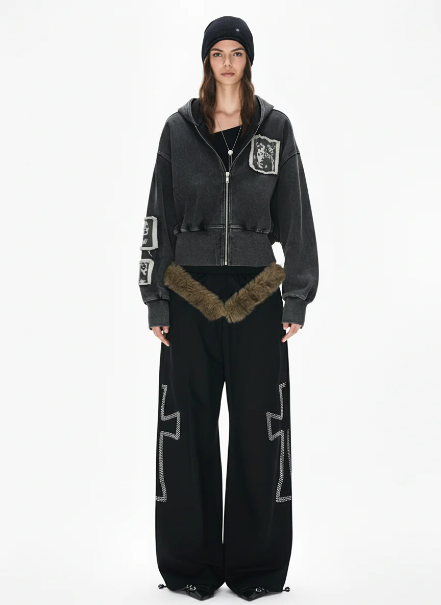 Distressed Washed Embroidered Zip-Up Hooded Jacket - Image 5