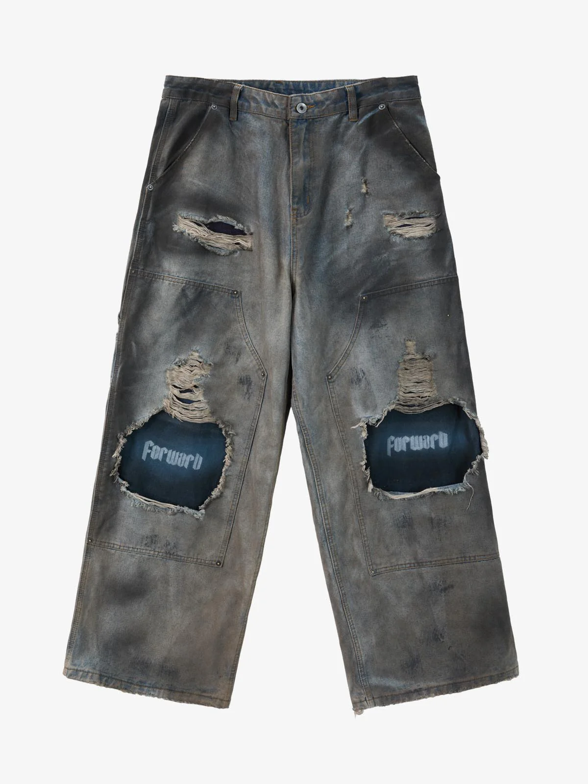 Distressed Washed Ripped Letter Patchwork Wide Leg Jeans