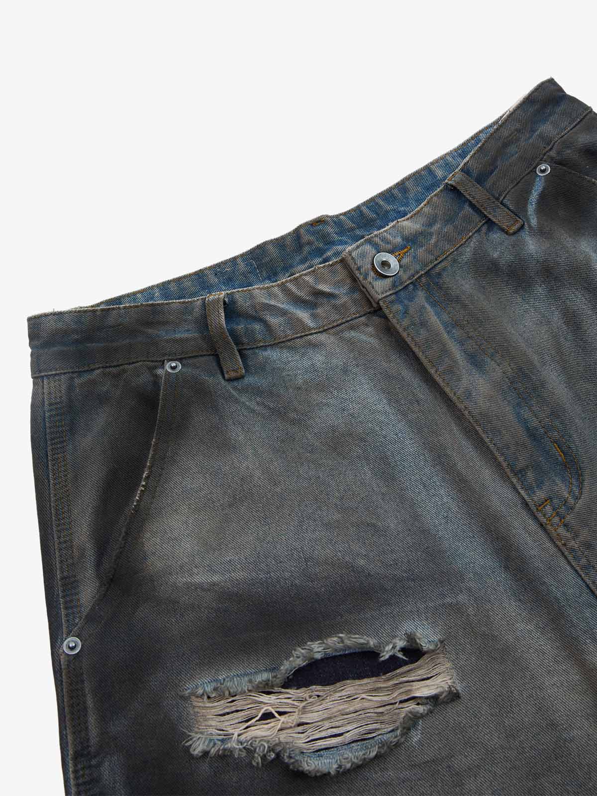 Distressed Washed Ripped Letter Patchwork Wide Leg Jeans - Image 7