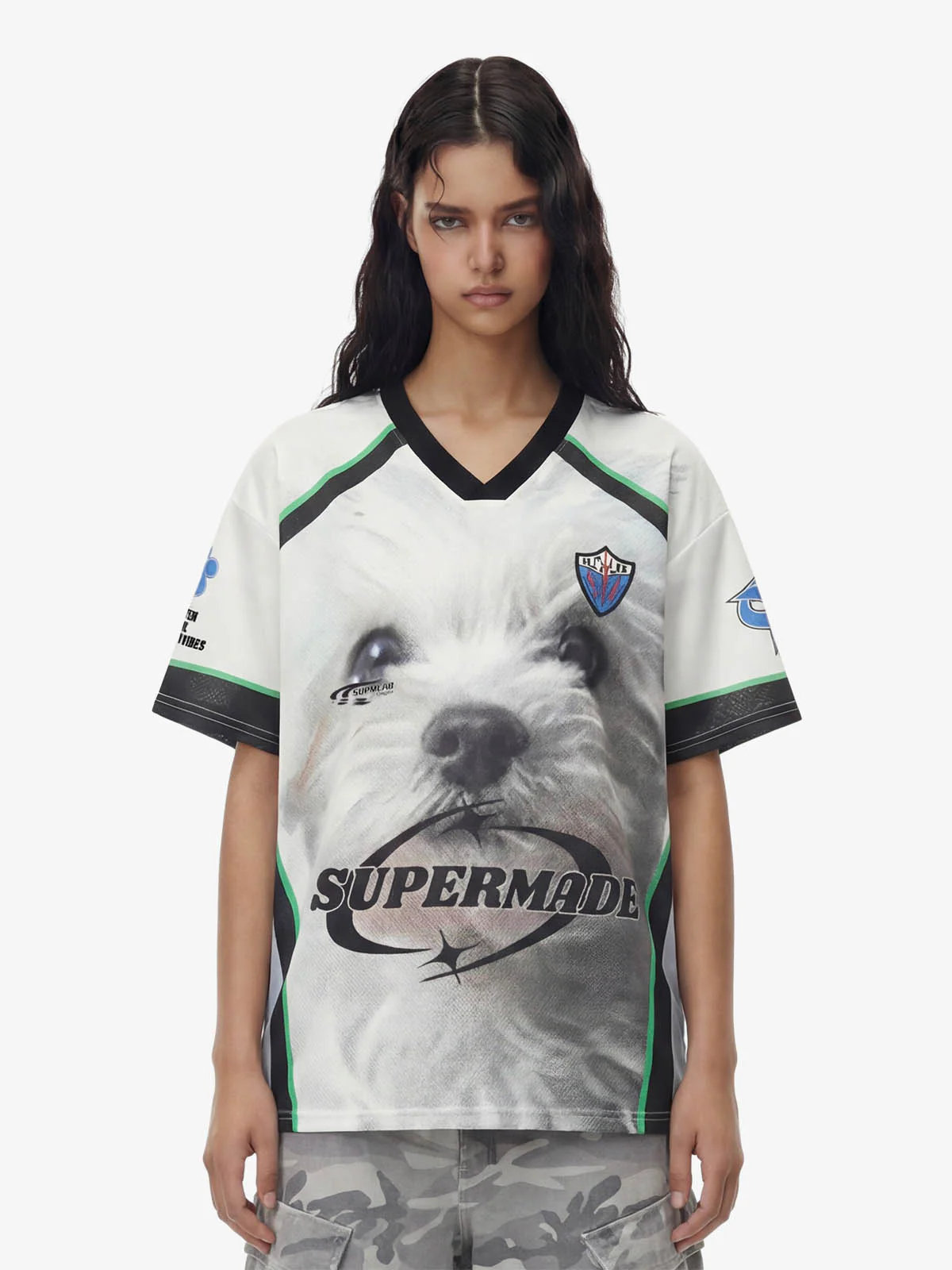Dog Graphic Patchwork Color-Block V-Neck Jersey T-Shirt