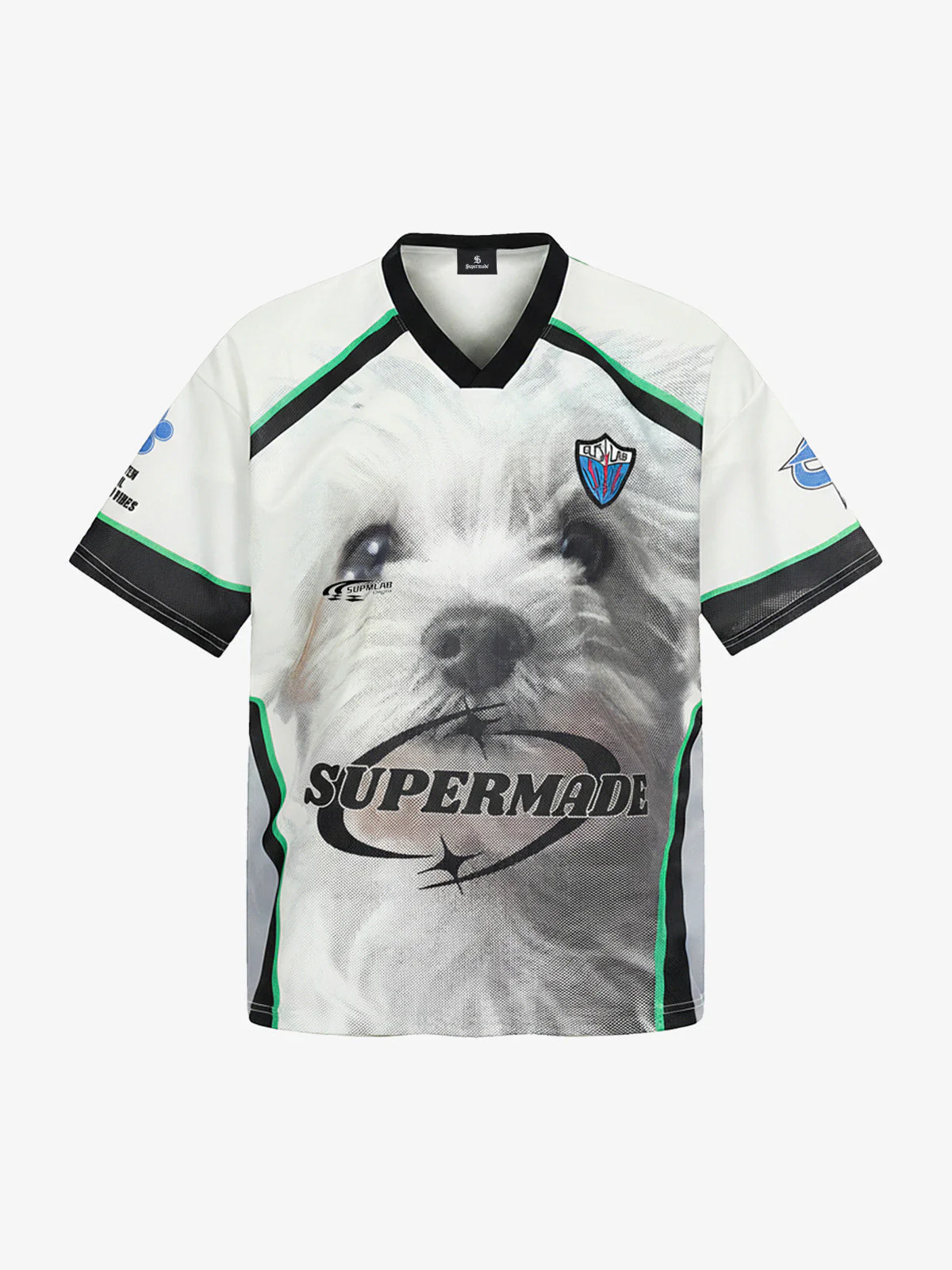 Dog Graphic Patchwork Color-Block V-Neck Jersey T-Shirt - Image 2