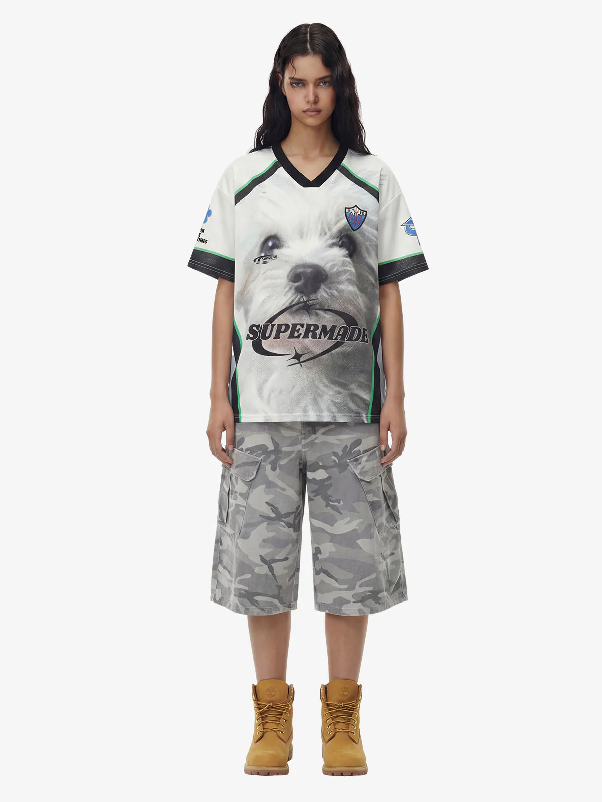 Dog Graphic Patchwork Color-Block V-Neck Jersey T-Shirt - Image 4