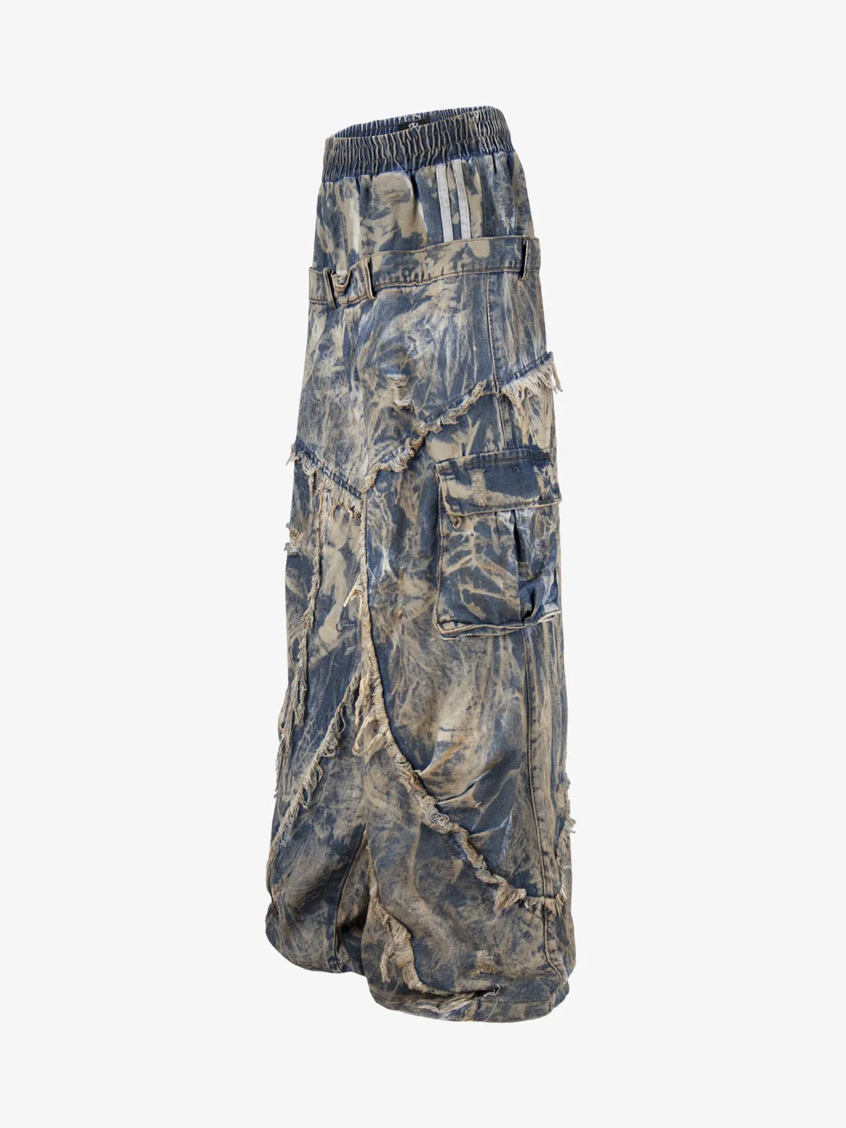 Double Waistband Acid Wash Patchwork Cargo Jeans - Image 2