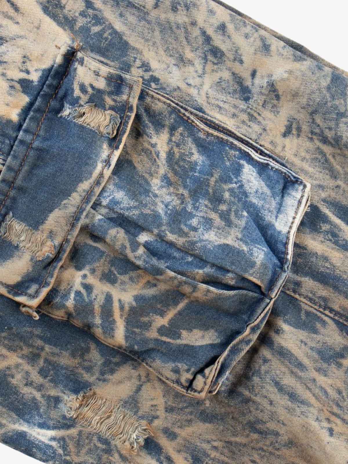 Double Waistband Acid Wash Patchwork Cargo Jeans - Image 8