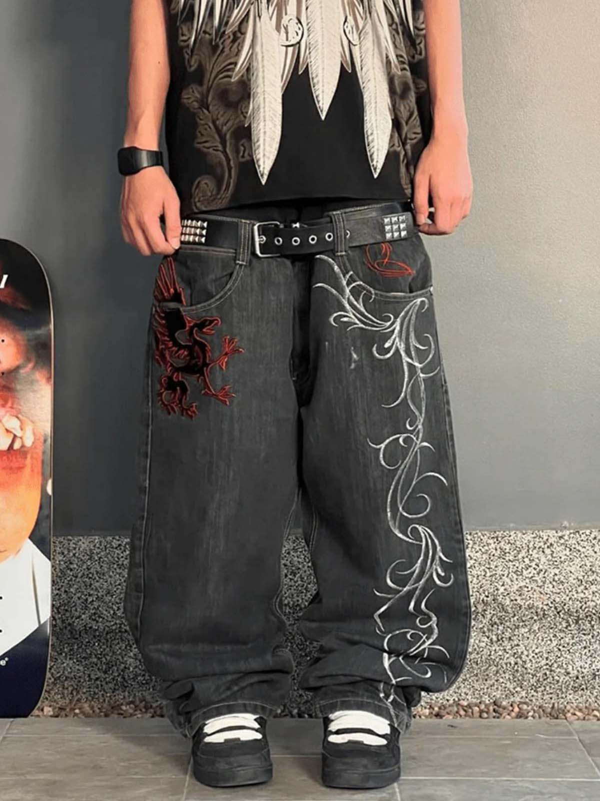 Dragon Embroidery Gothic Wide Leg Jeans - Image 4