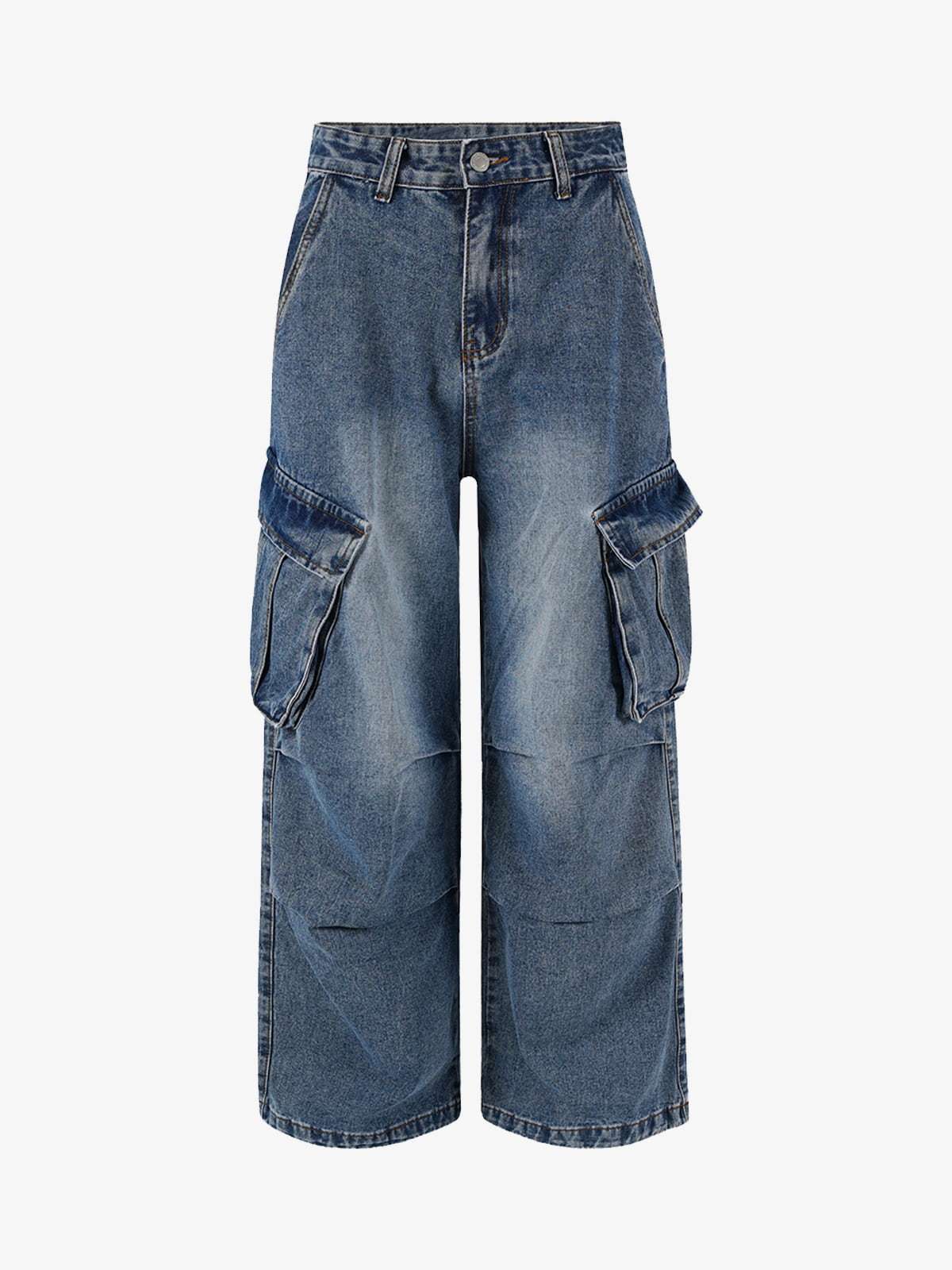 Retro Washed Cargo Multi-Pocket Straight Jeans - Image 2