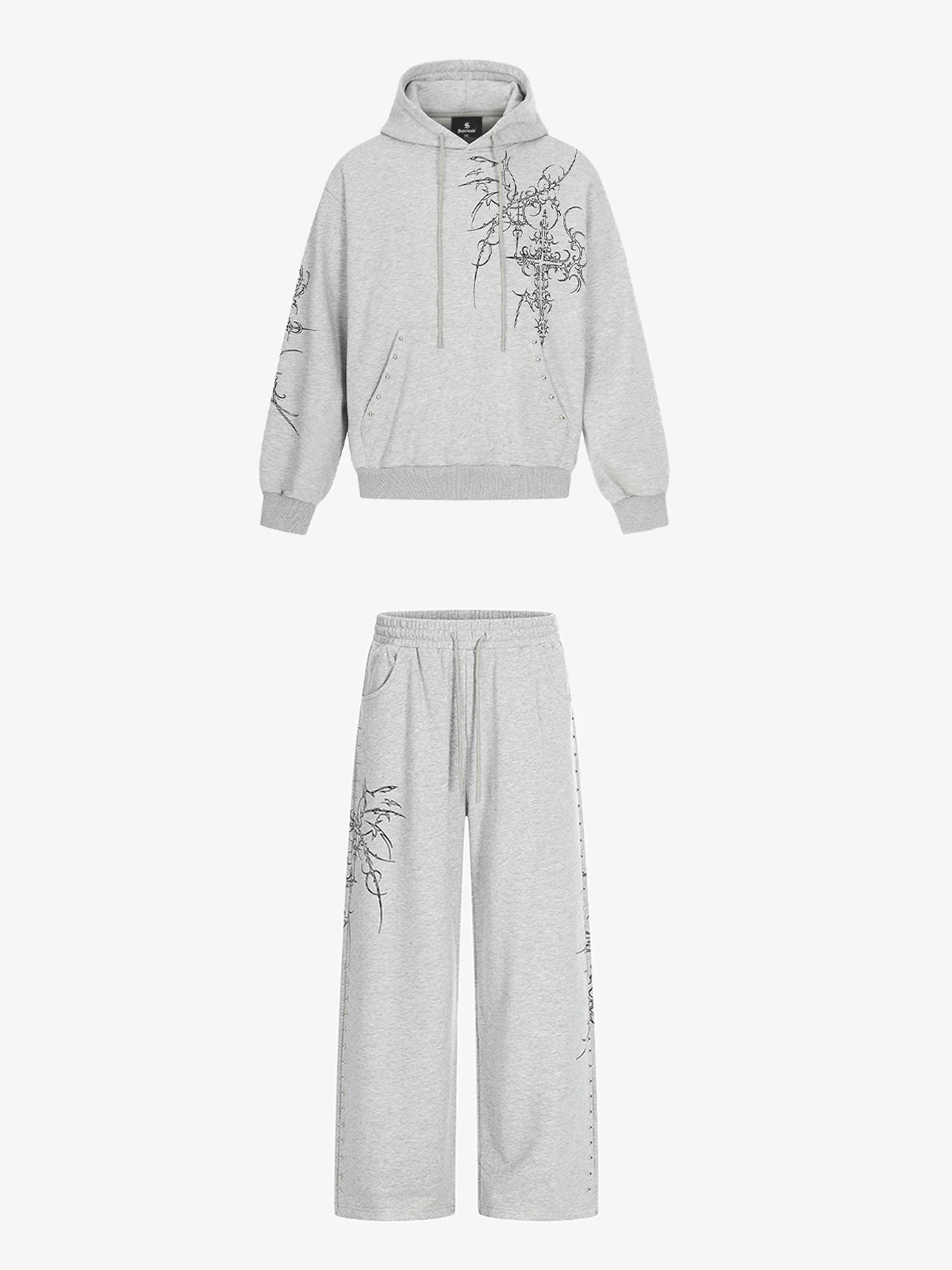 Embroidered Graphic Studded Hoodie and  Wide Leg Sweatpants Set - Image 2