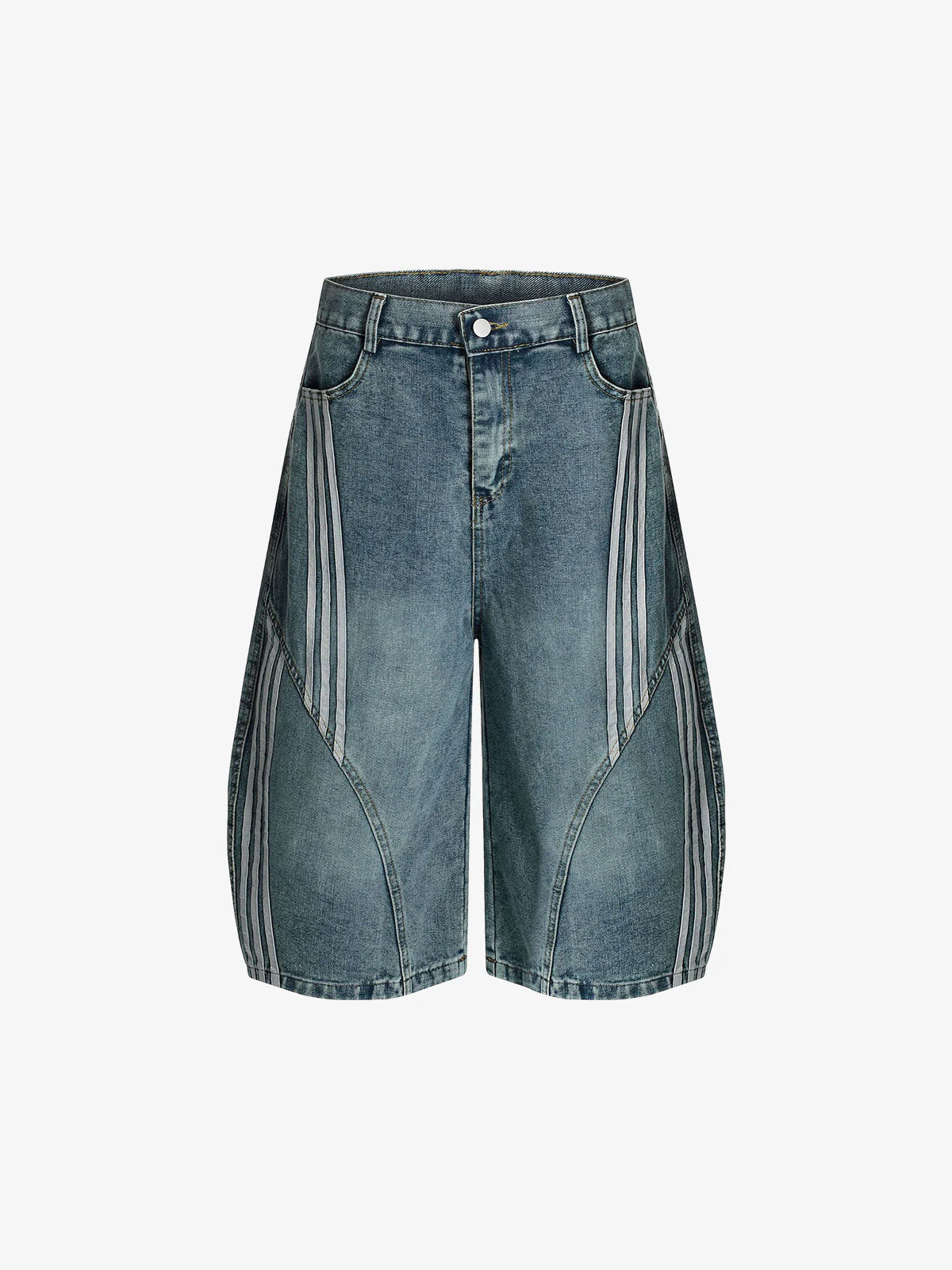 Faded Striped Panel Stitch Wide Leg Denim Jorts