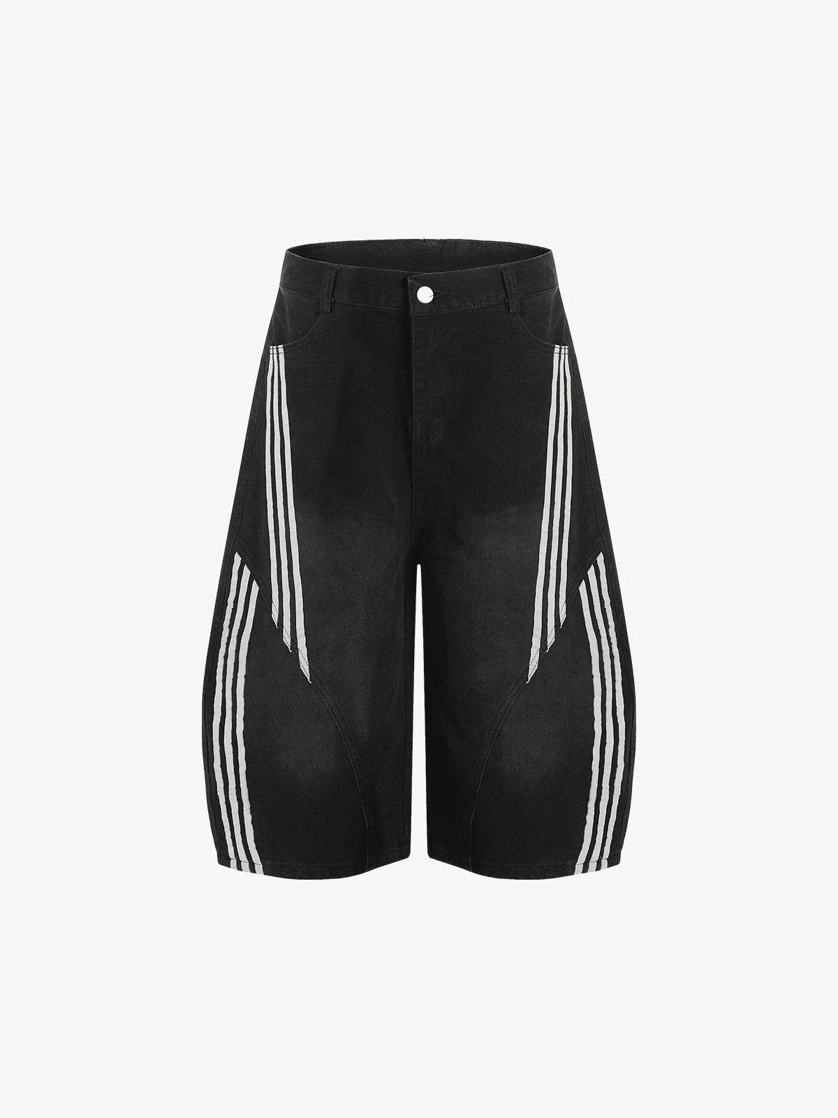 Faded Striped Panel Stitch Wide Leg Denim Jorts - Image 2