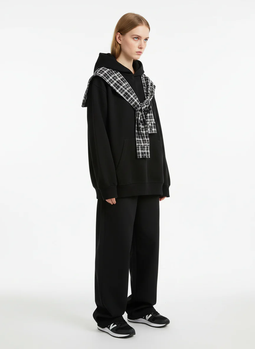 Fake Two-Piece Plaid Shirt Scarf Design Hoodie - Image 8