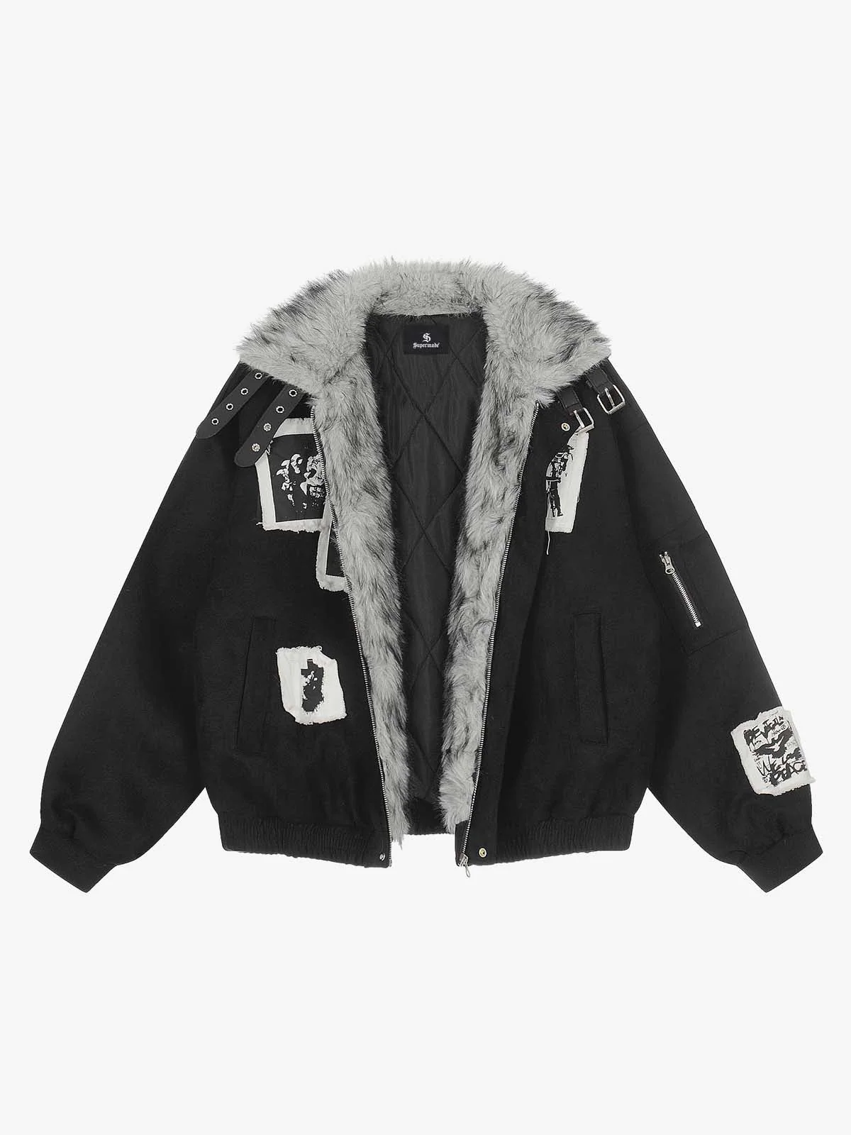 Faux Fur Collar Patchwork Embroidered Quilted Jacket - Image 2