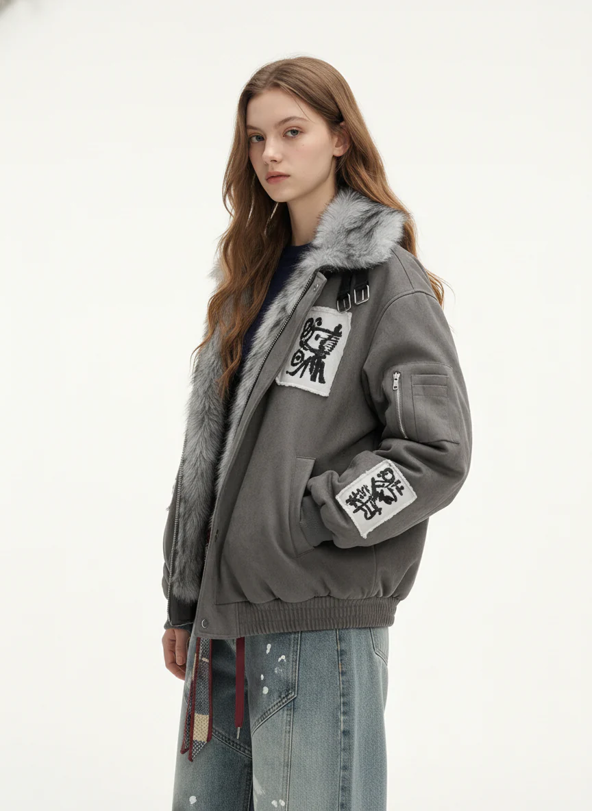 Faux Fur Collar Patchwork Embroidered Quilted Jacket - Image 3