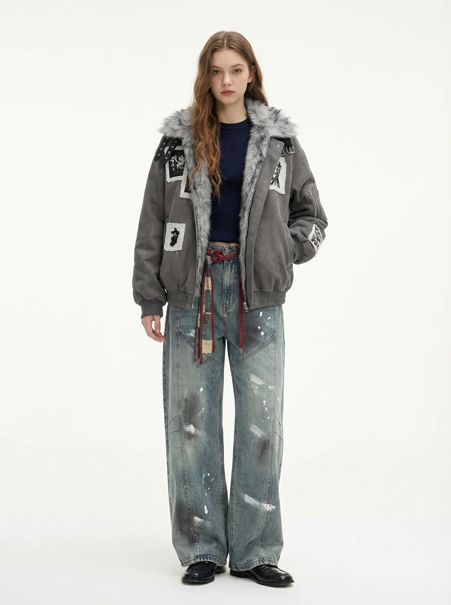 Faux Fur Collar Patchwork Embroidered Quilted Jacket - Image 4