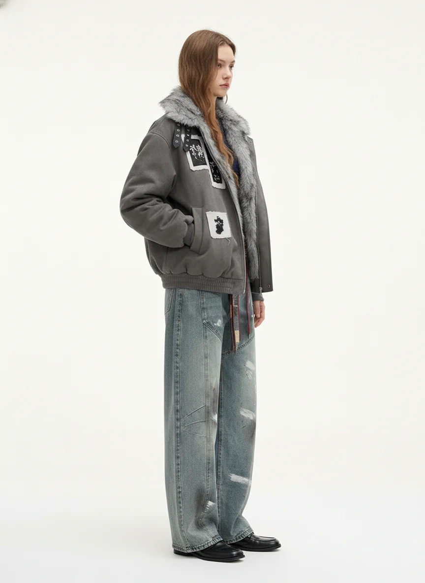 Faux Fur Collar Patchwork Embroidered Quilted Jacket - Image 5