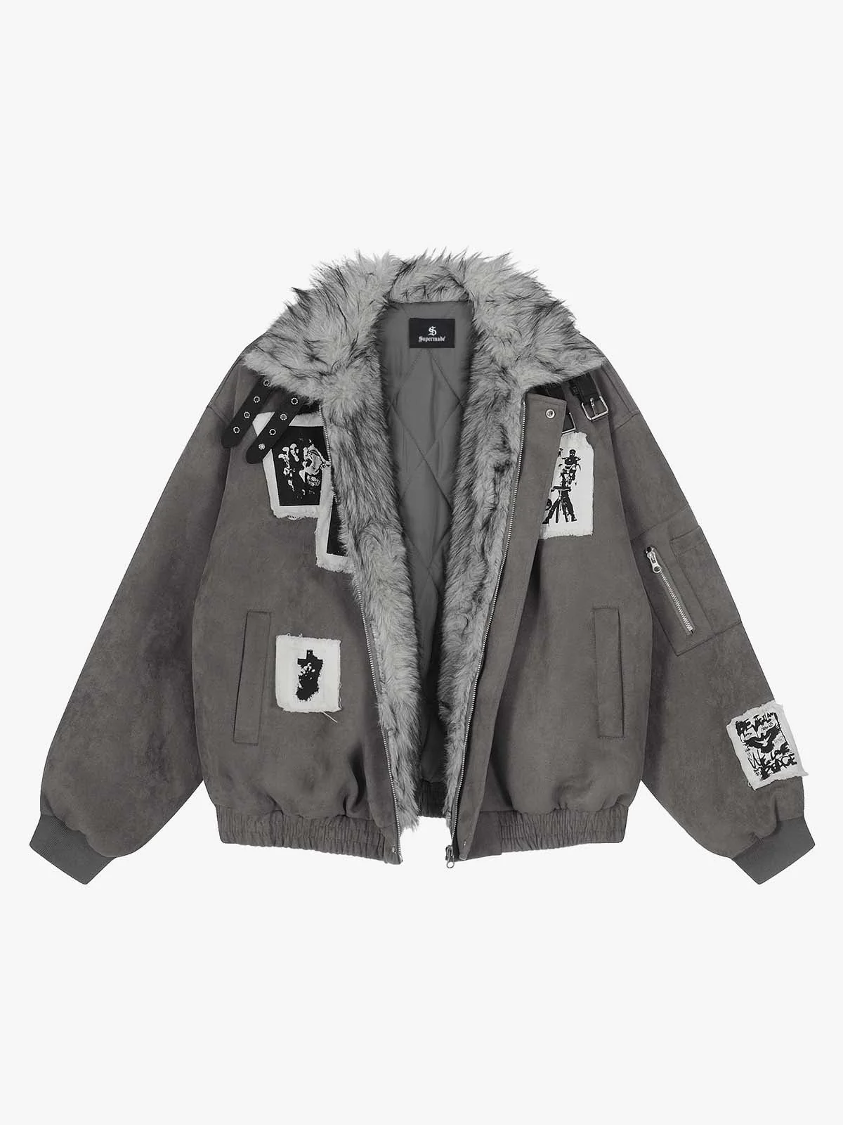 Faux Fur Collar Patchwork Embroidered Quilted Jacket - Image 6