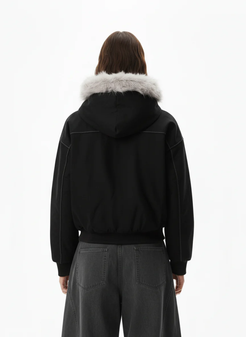 Faux Fur Hooded Padded Bomber Jacket - Image 3