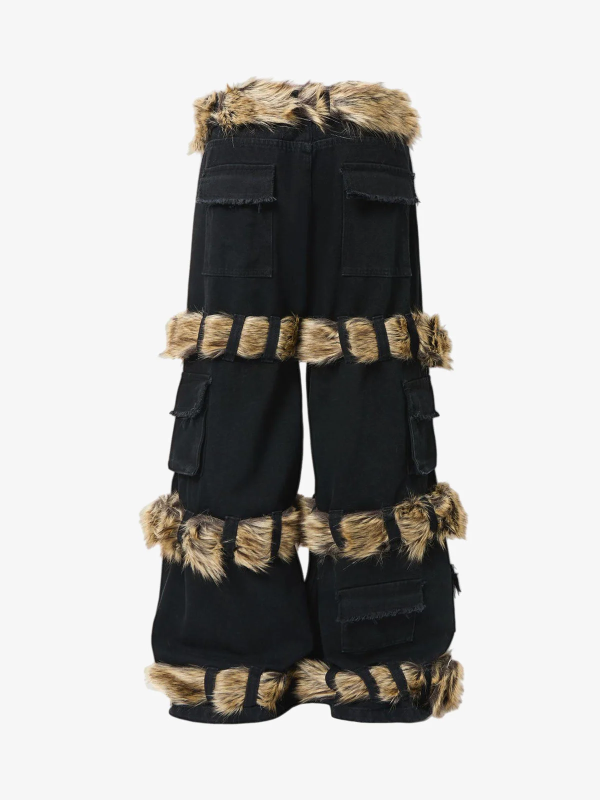 Faux Fur Trim Detail Multi-Pocket Wide Leg Cargo Jeans - Image 2