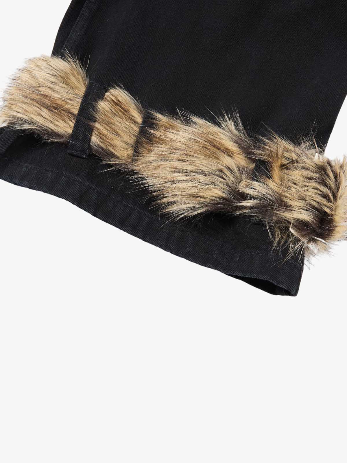 Faux Fur Trim Detail Multi-Pocket Wide Leg Cargo Jeans - Image 4