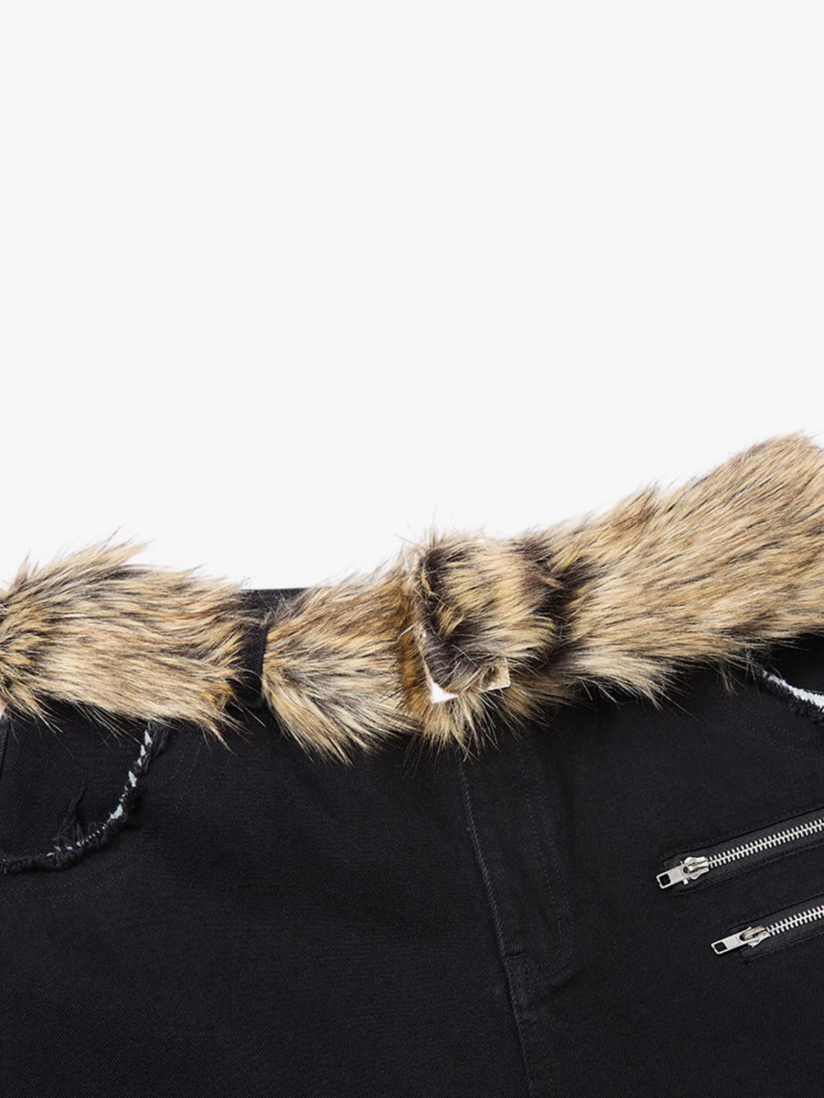 Faux Fur Trim Detail Multi-Pocket Wide Leg Cargo Jeans - Image 8