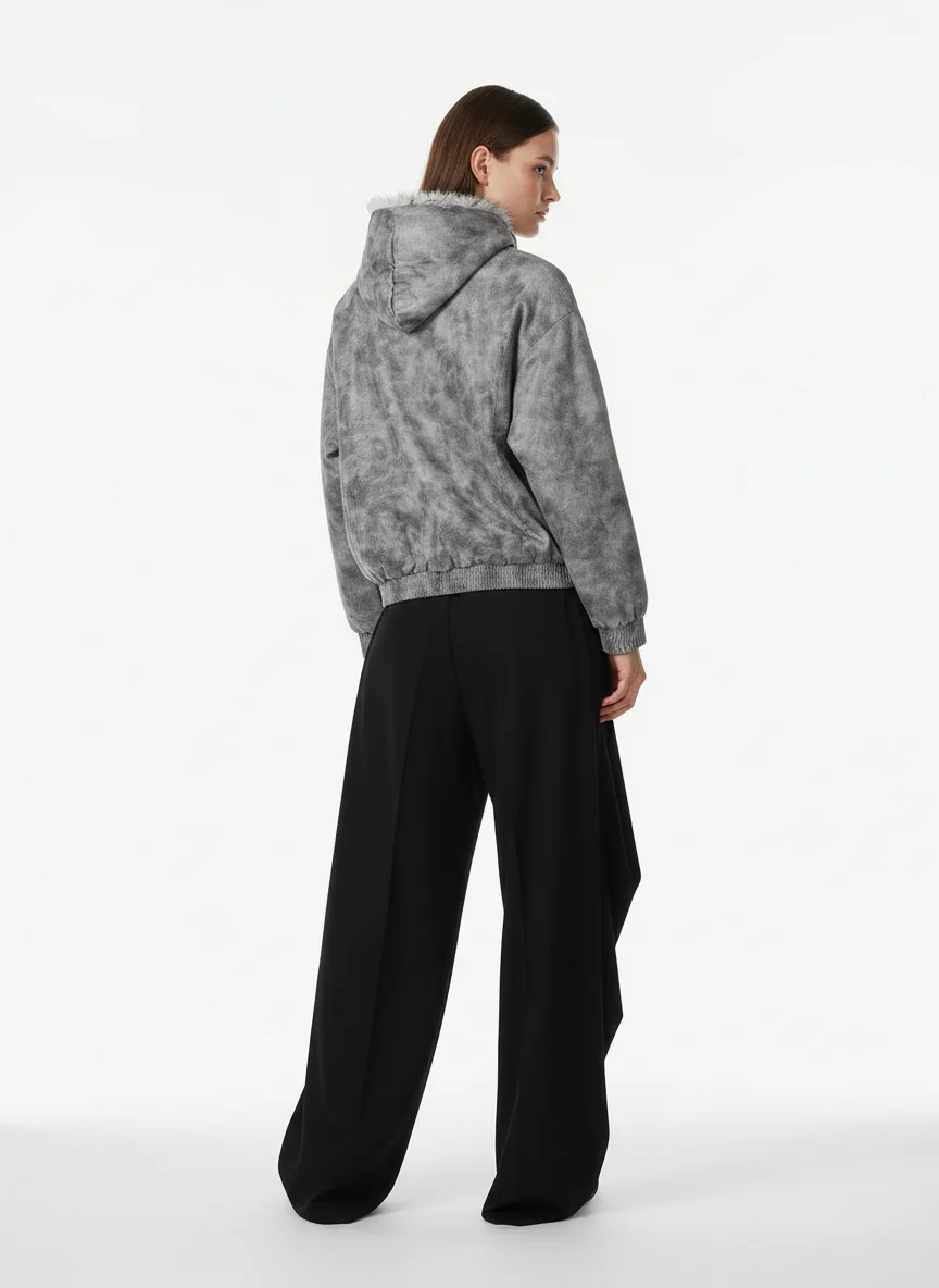 Faux Suede Vintage Wash Fur Hood Padded Jacket - Image 4