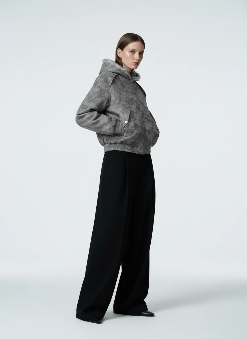 Faux Suede Vintage Wash Fur Hood Padded Jacket - Image 5