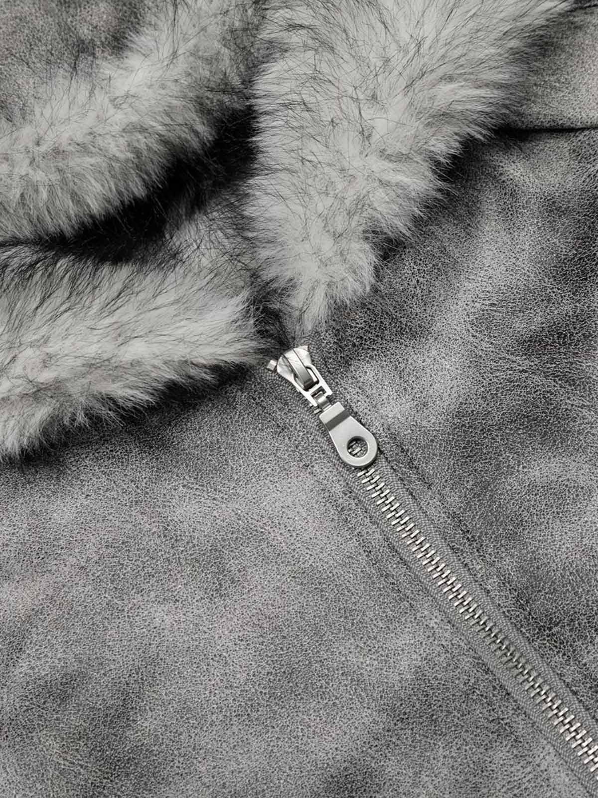 Faux Suede Vintage Wash Fur Hood Padded Jacket - Image 9