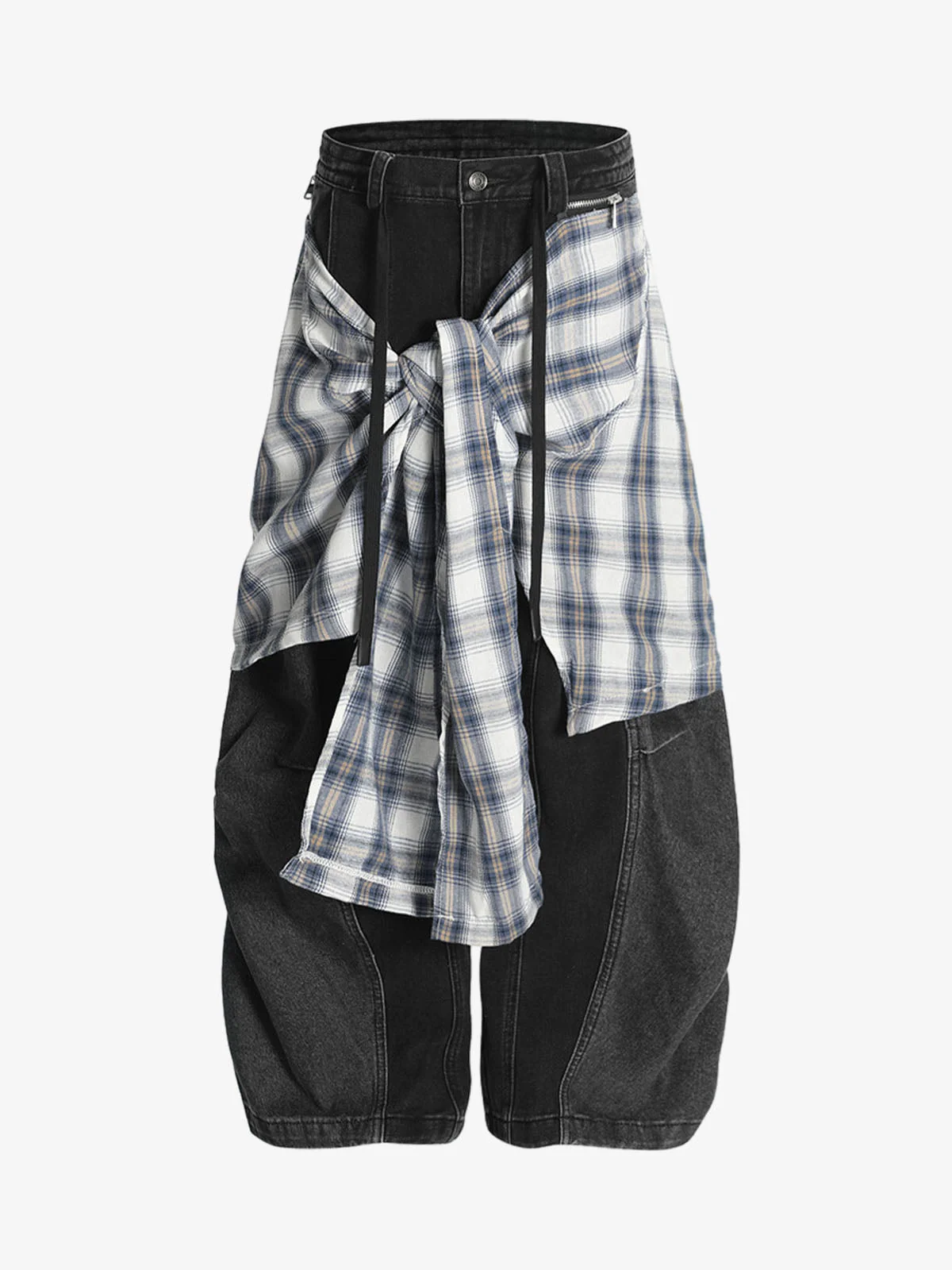 Denim Faux Two-piece Plaid Detachable Scimitar Jeans - 2435 - Image 2