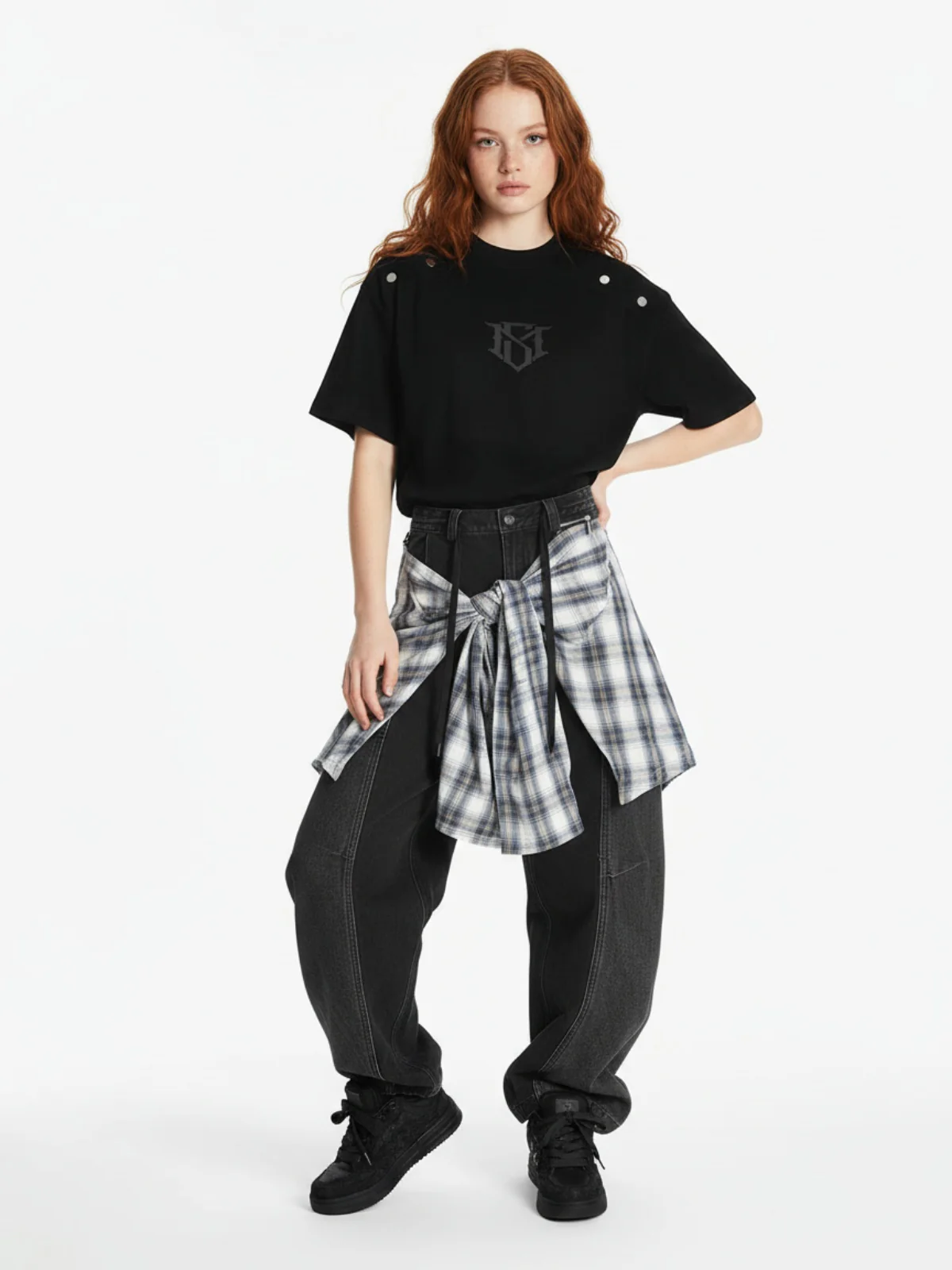 Denim Faux Two-piece Plaid Detachable Scimitar Jeans - 2435 - Image 3