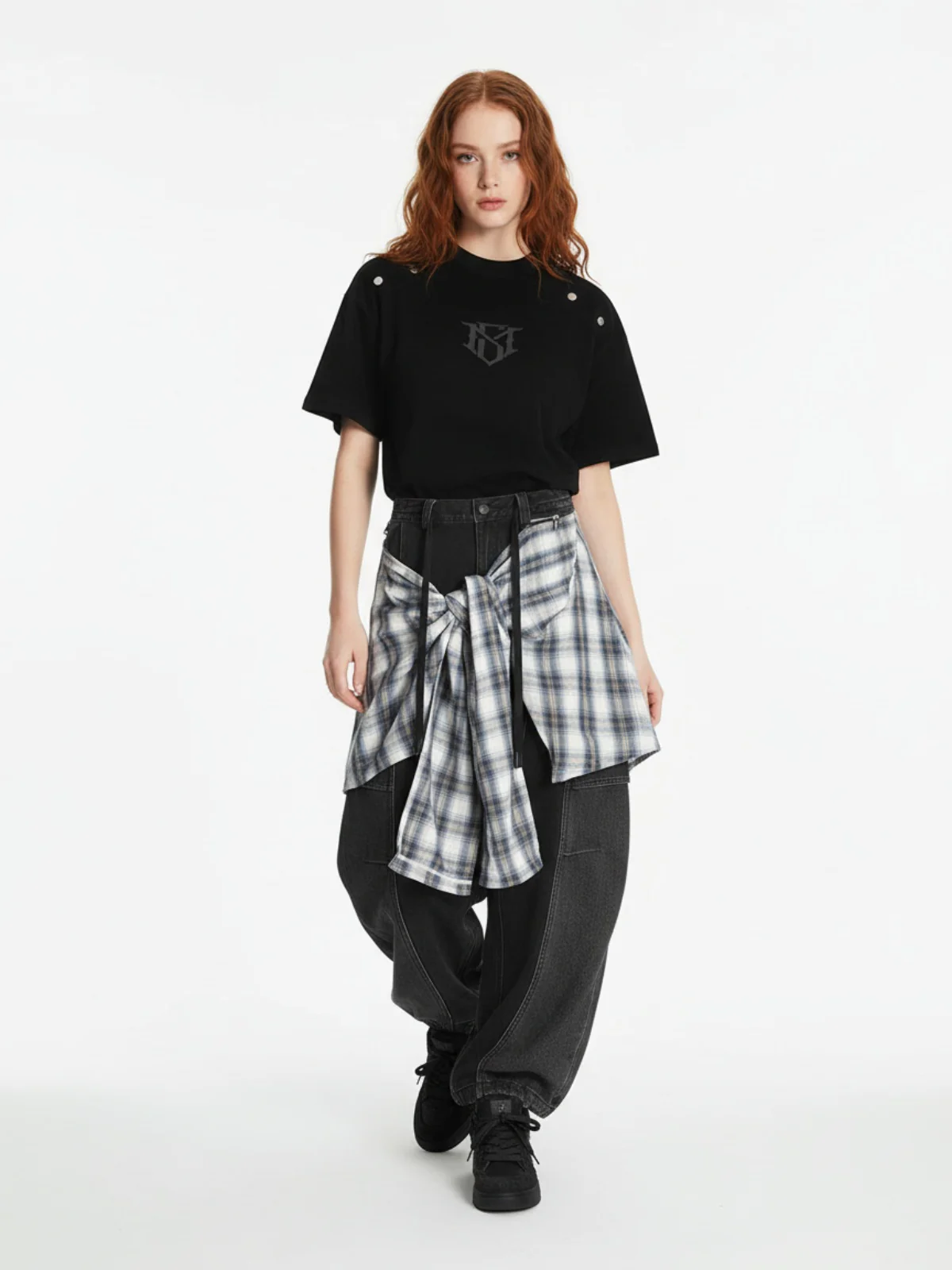 Denim Faux Two-piece Plaid Detachable Scimitar Jeans - 2435 - Image 4