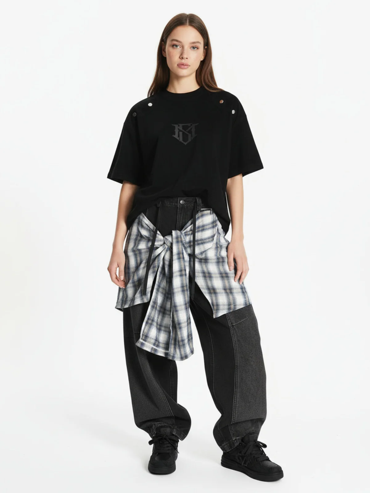 Denim Faux Two-piece Plaid Detachable Scimitar Jeans - 2435 - Image 5