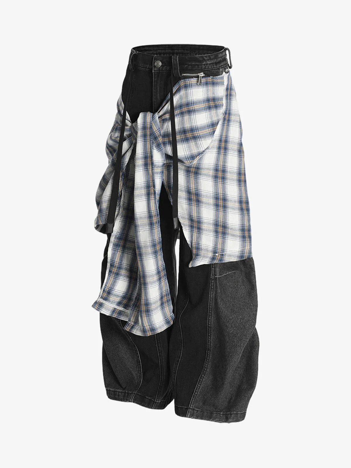 Denim Faux Two-piece Plaid Detachable Scimitar Jeans - 2435 - Image 7