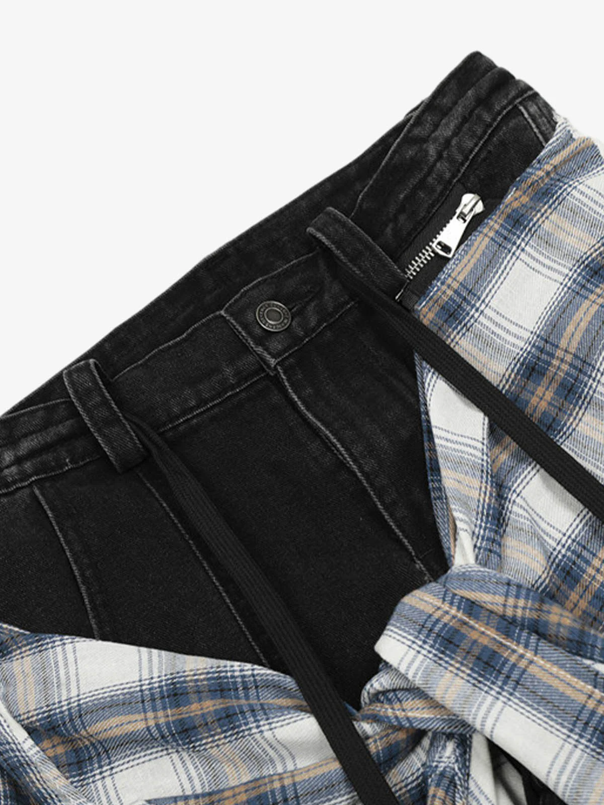 Denim Faux Two-piece Plaid Detachable Scimitar Jeans - 2435 - Image 8