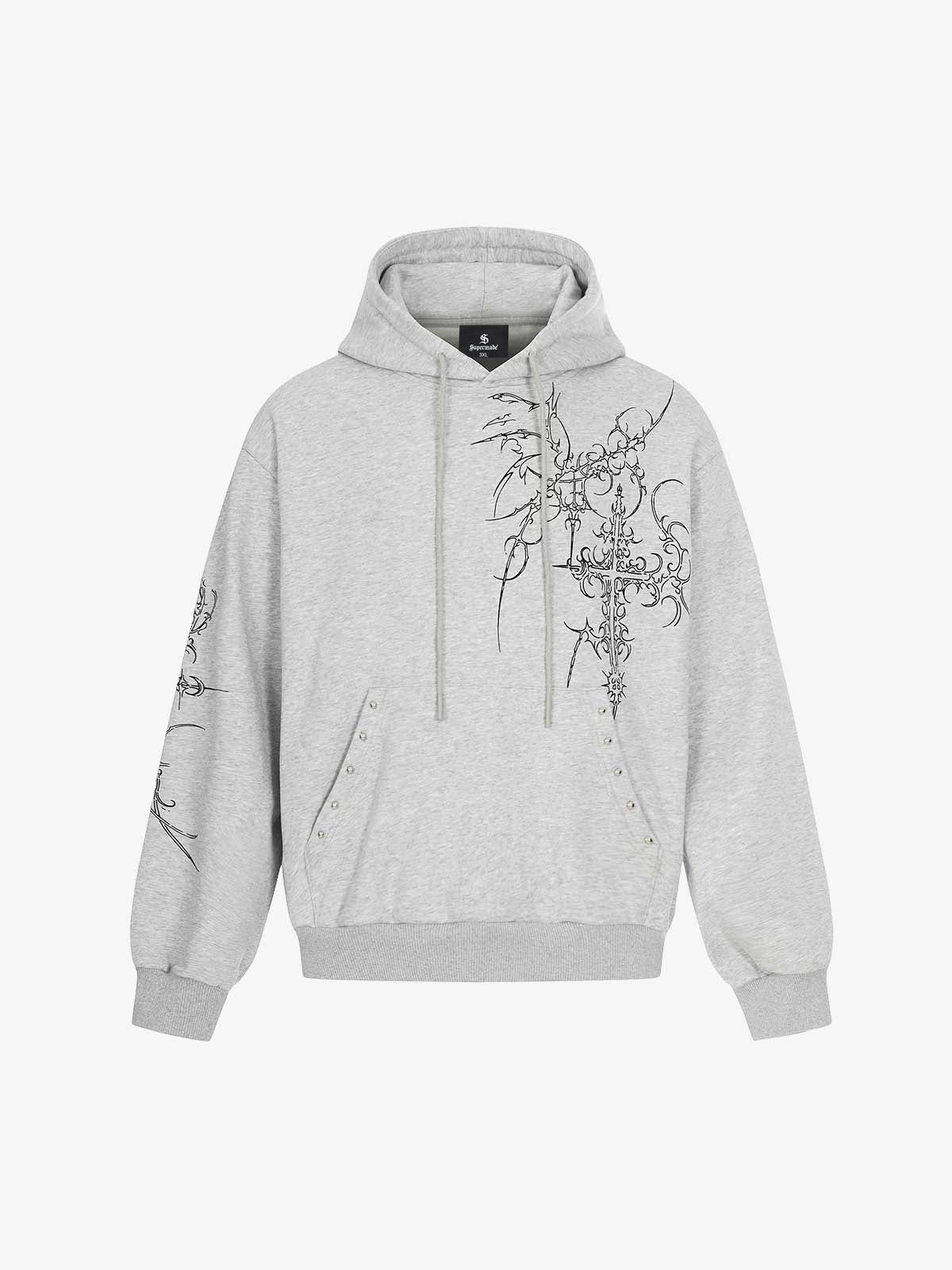 Floral Line Art Studded Pocket Hoodie - Image 2