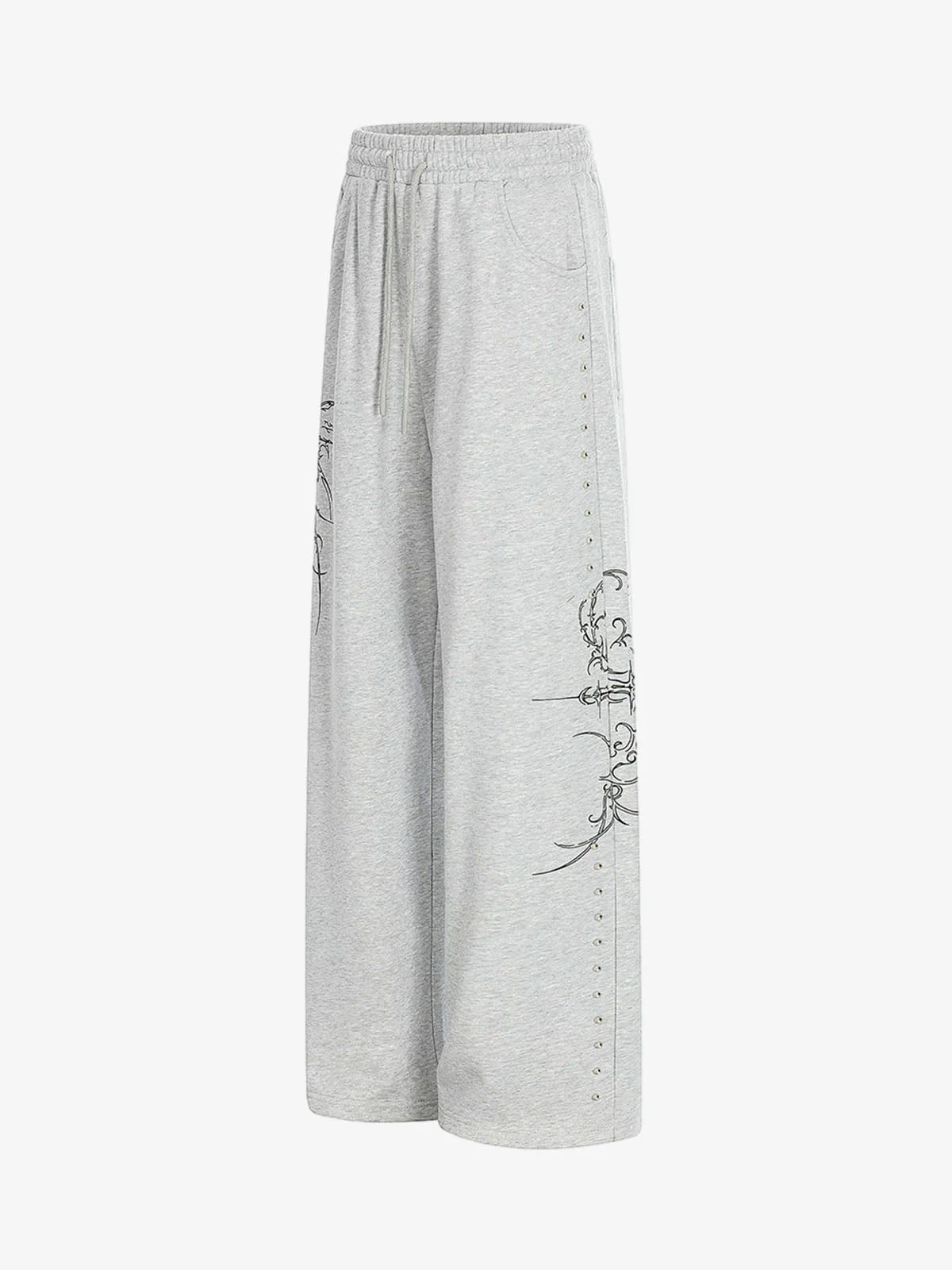 Floral Line Art Studded Wide Leg Drawstring Sweatpants - Image 6